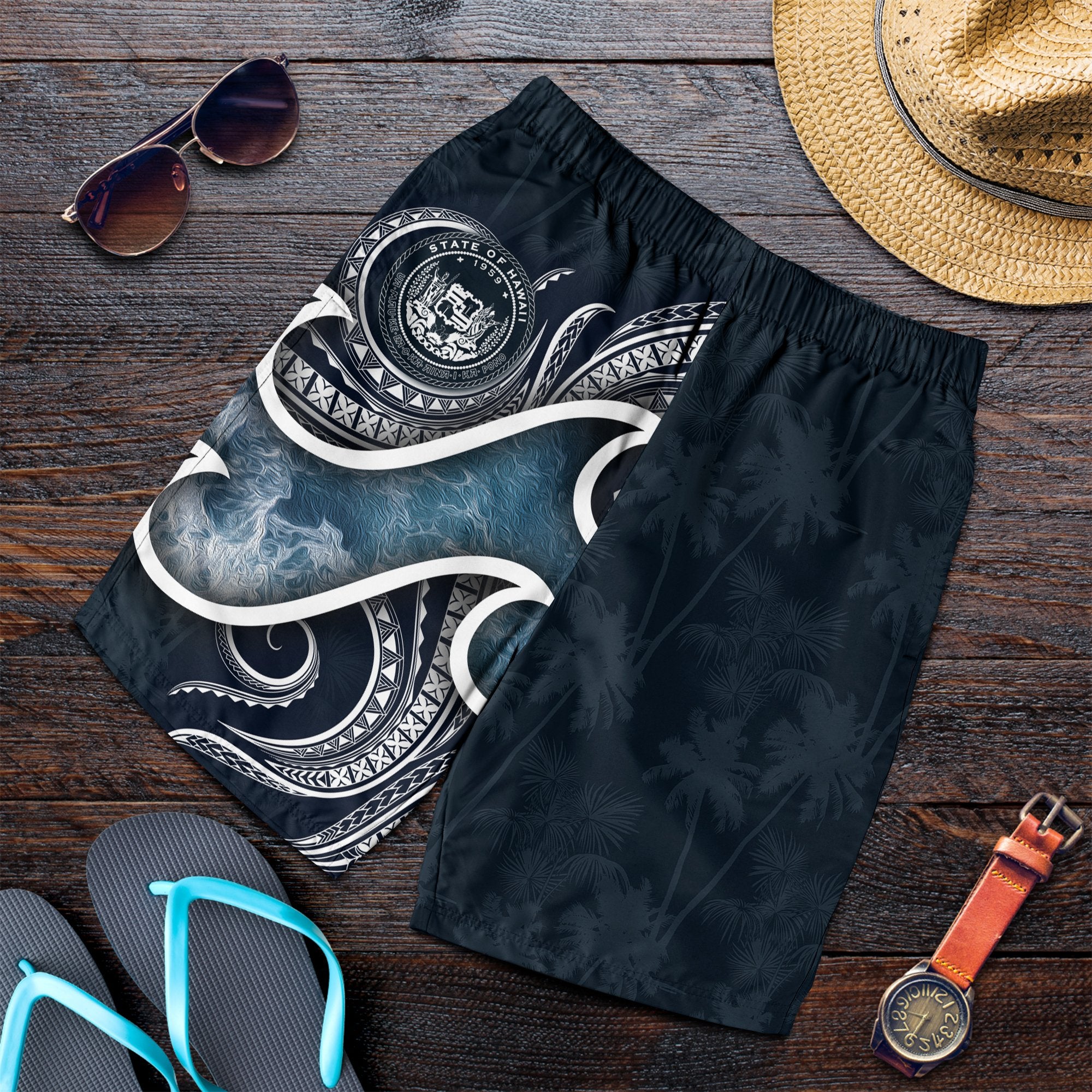 Polynesian Hawaii Men's Shorts - Ocean Style (Coat of Arms) Black - Polynesian Pride