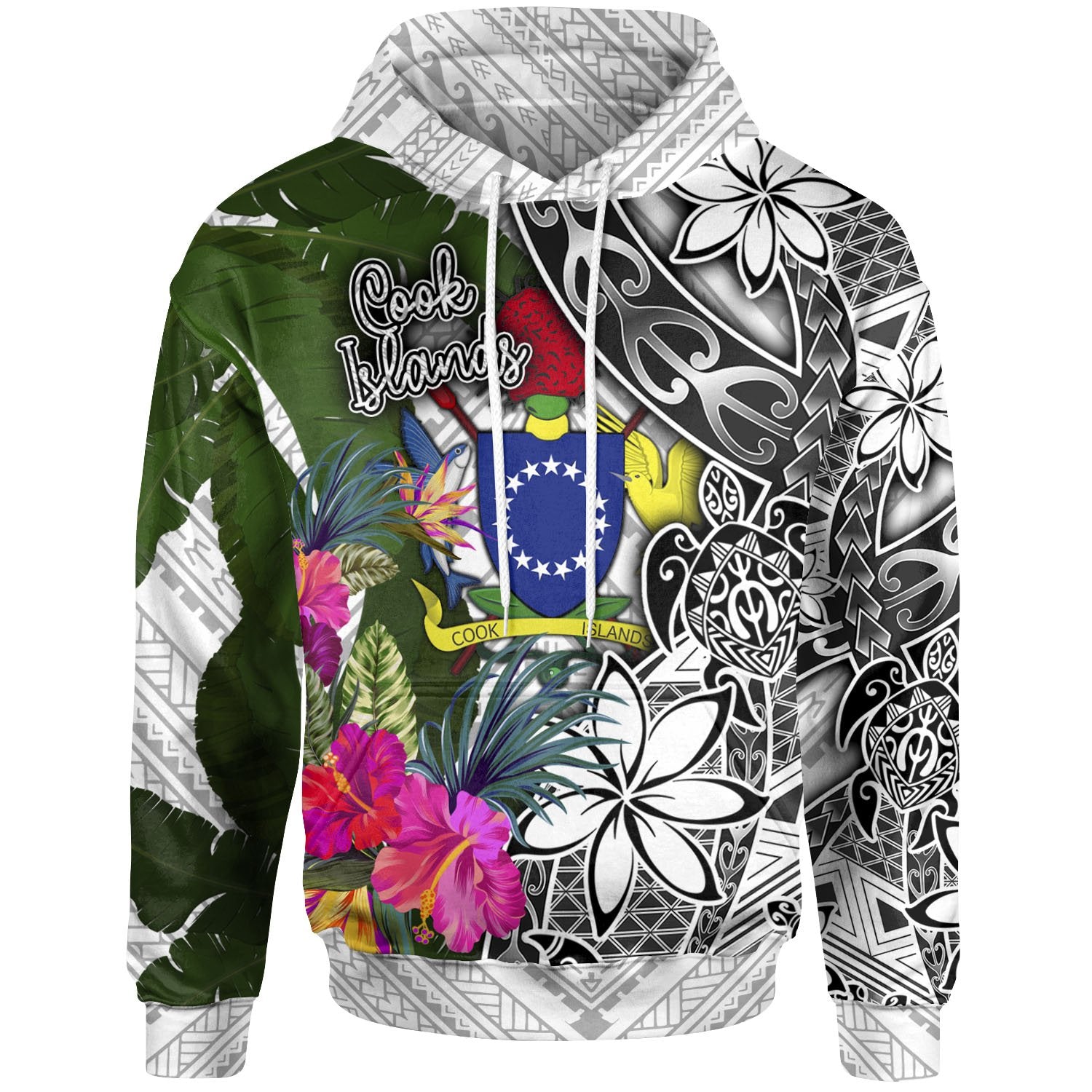 Cook Islands Hoodie White Turtle Plumeria Banana Leaf Unisex White - Polynesian Pride