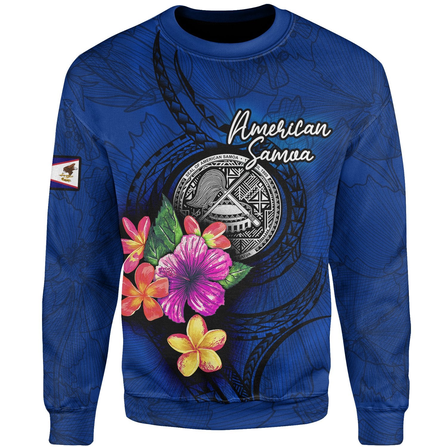 American Samoa Polynesian Sweater - Floral With Seal Blue Unisex Blue - Polynesian Pride