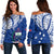 (Custom Personalised) Samoa Siapo Off Shoulder Sweater Sporty Mix Barkcloth Panel LT13 Women Blue - Polynesian Pride