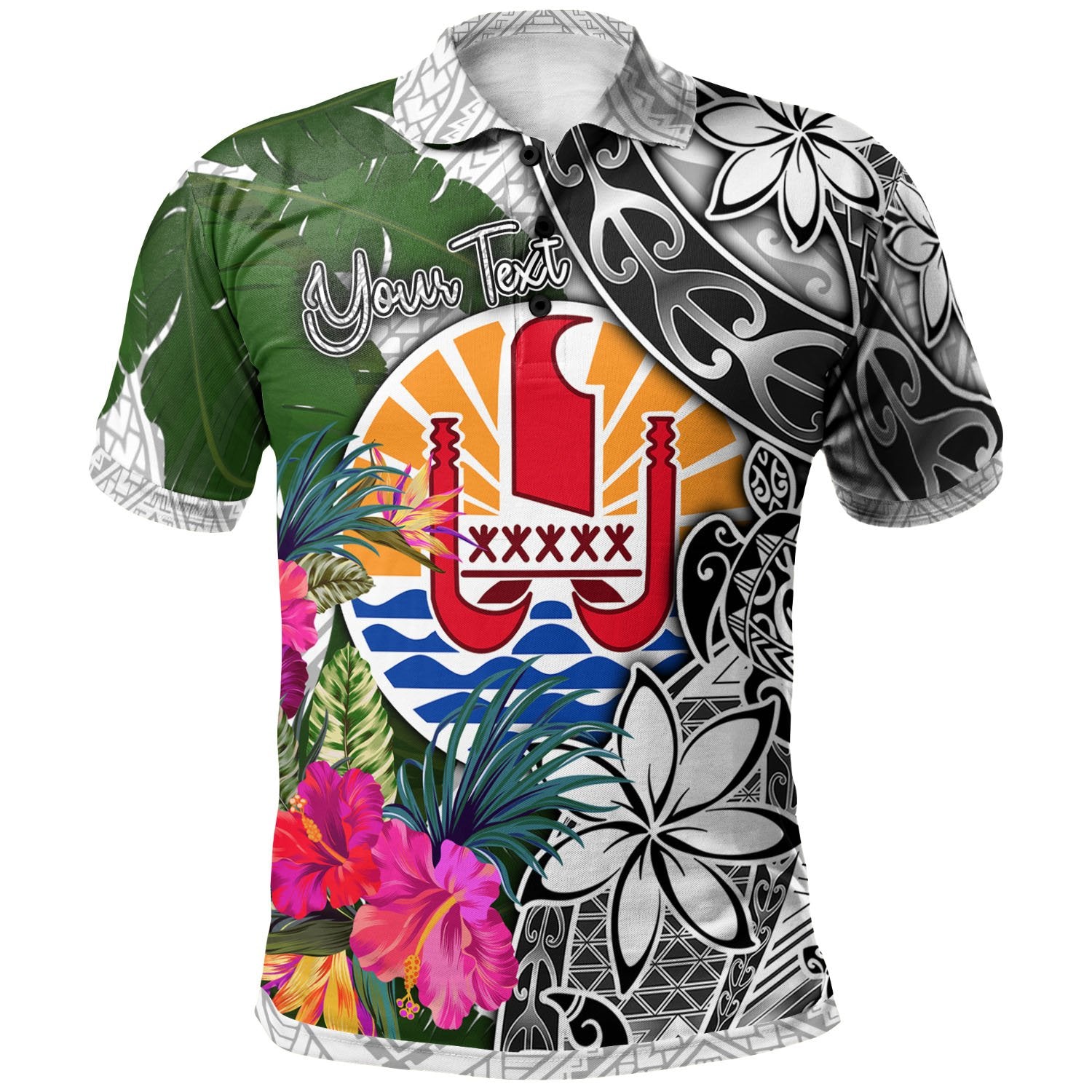 Tahiti Custom Polo Shirt White Turtle Plumeria Banana Leaf Unisex White - Polynesian Pride