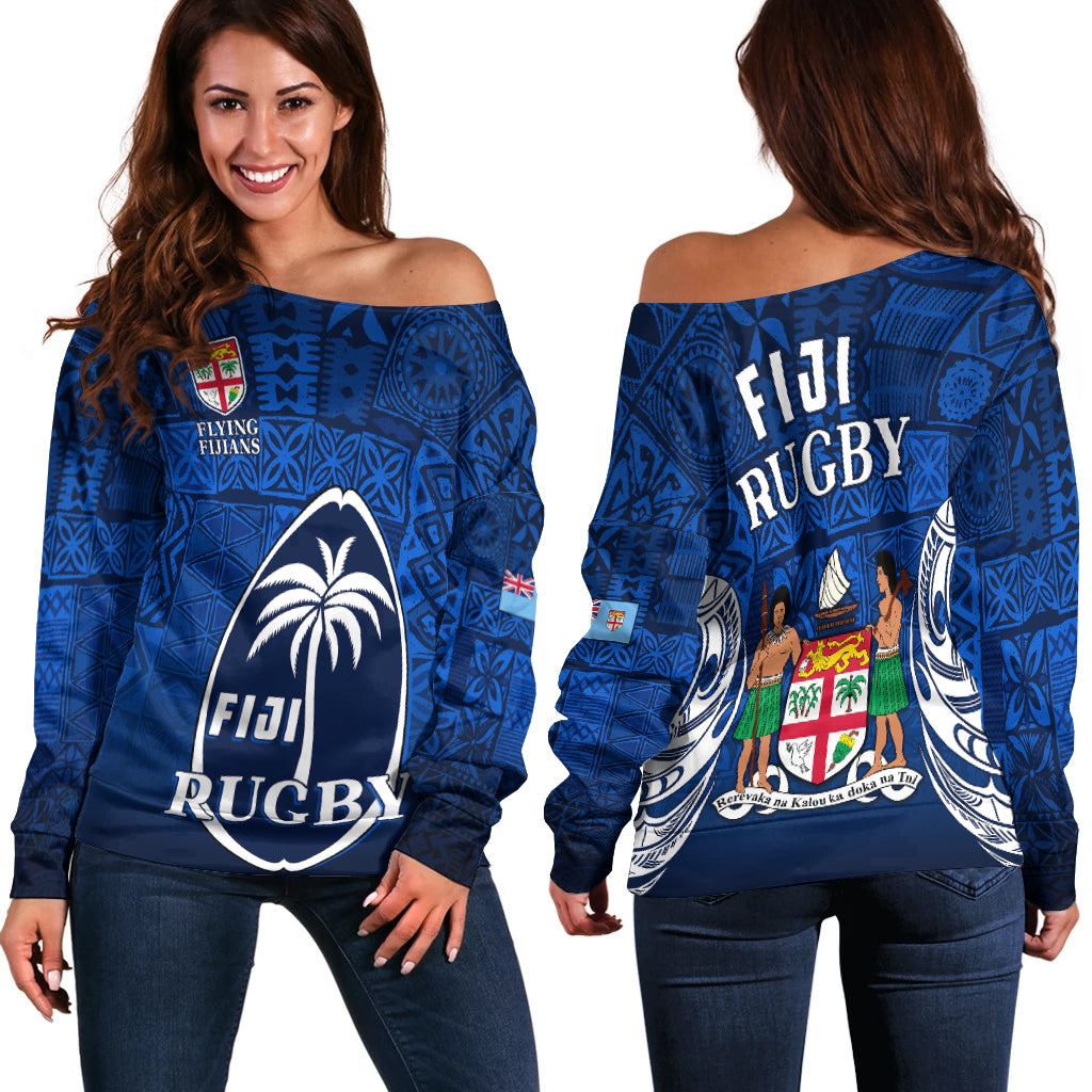 Fiji Rugby Off Shoulder Sweater Flying Fijians Blue Tapa Pattern LT13 Women Blue - Polynesian Pride