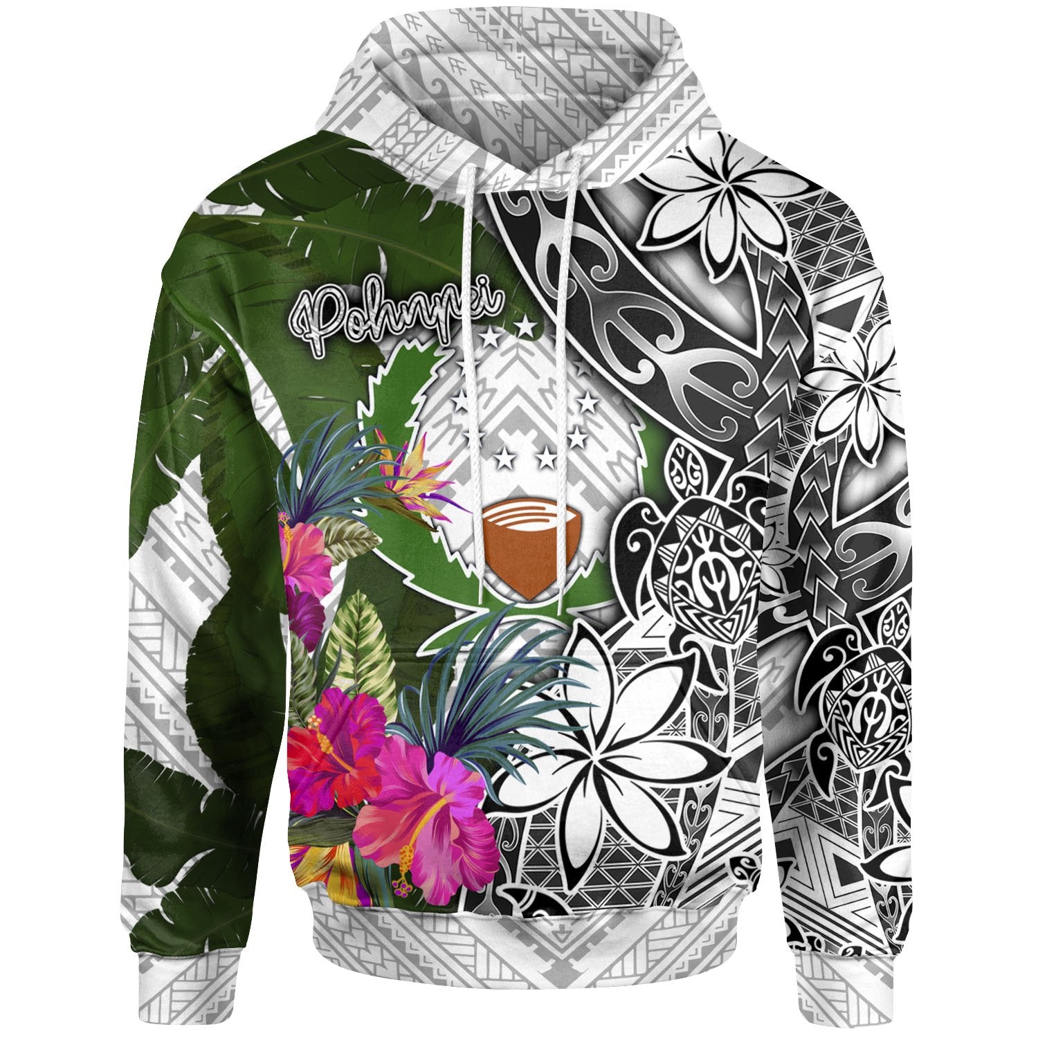 Pohnpei Hoodie White Turtle Plumeria Banana Leaf Unisex White - Polynesian Pride