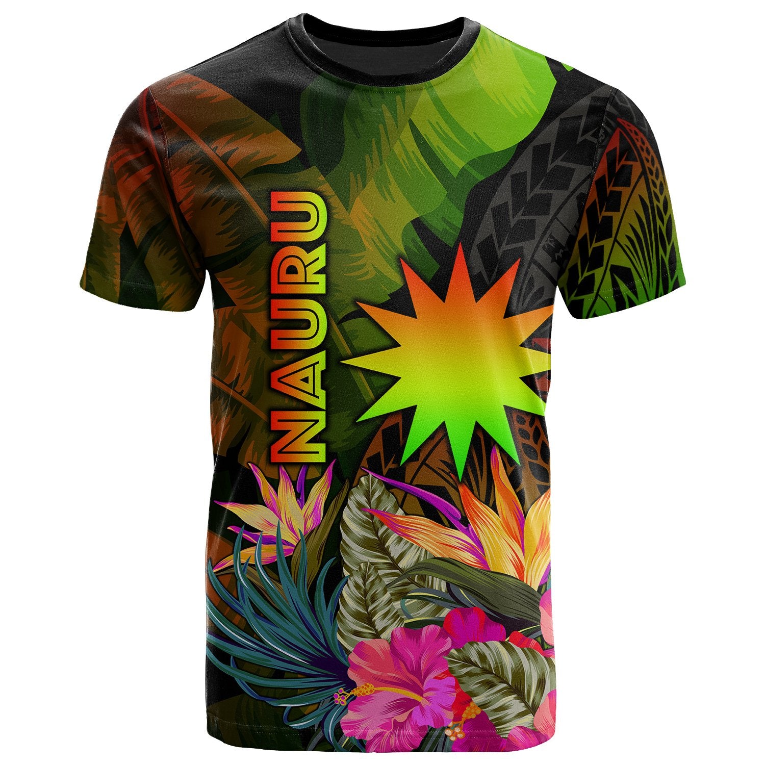 Nauru Polynesian T Shirt Hibiscus and Banana Leaves Unisex Reggae - Polynesian Pride