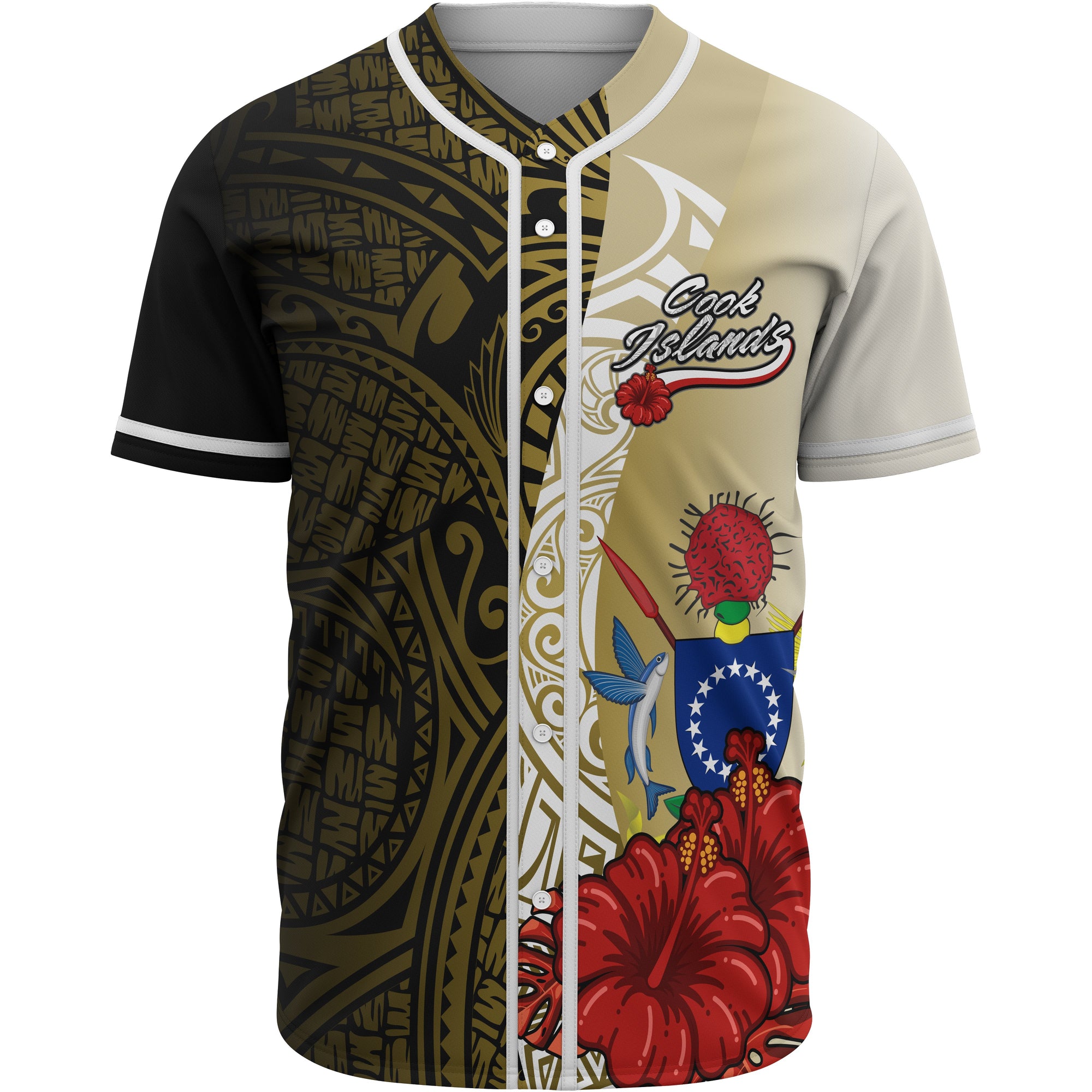 Cook Islands Polynesian Baseball Shirt - Coat Of Arm With Hibiscus Gold Unisex Gold - Polynesian Pride