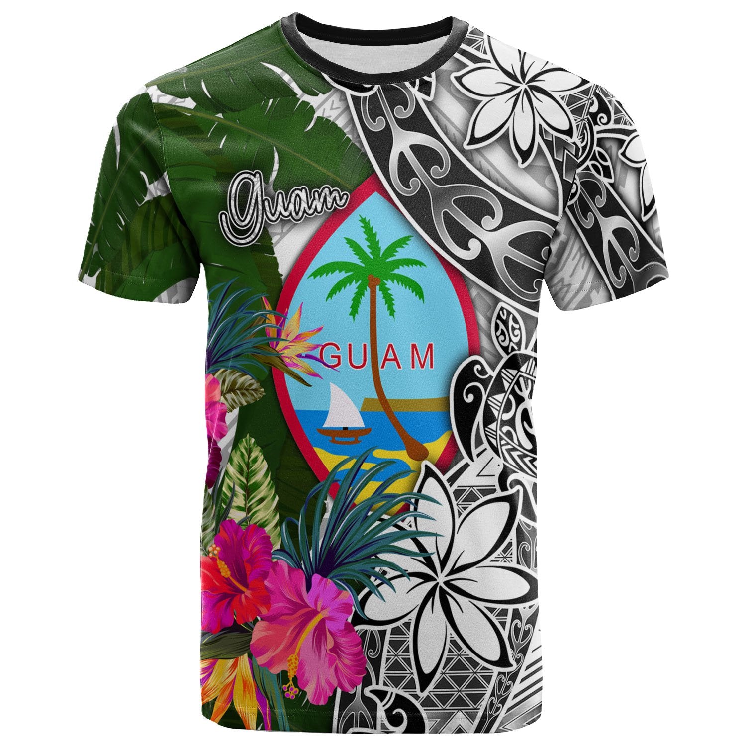 Guam T Shirt White Turtle Plumeria Banana Leaf Unisex Art - Polynesian Pride