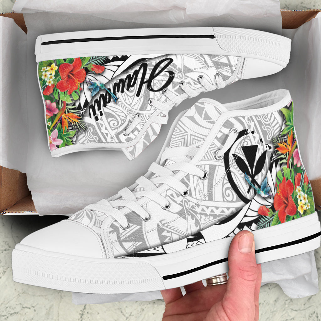 Hawaii Hibiscus Kanaka Polynesia High Top Shoes - LT2 Unisex White - Polynesian Pride