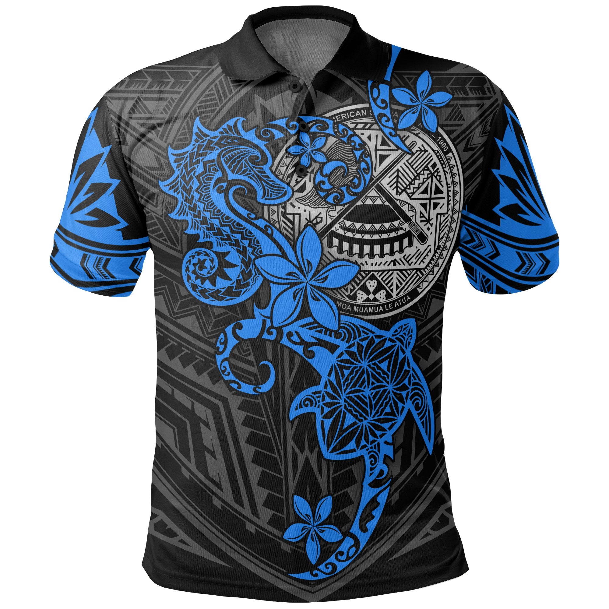 American Samoa Polynesian Polo Shirt Blue Seahorse Turtle Unisex BLUE - Polynesian Pride