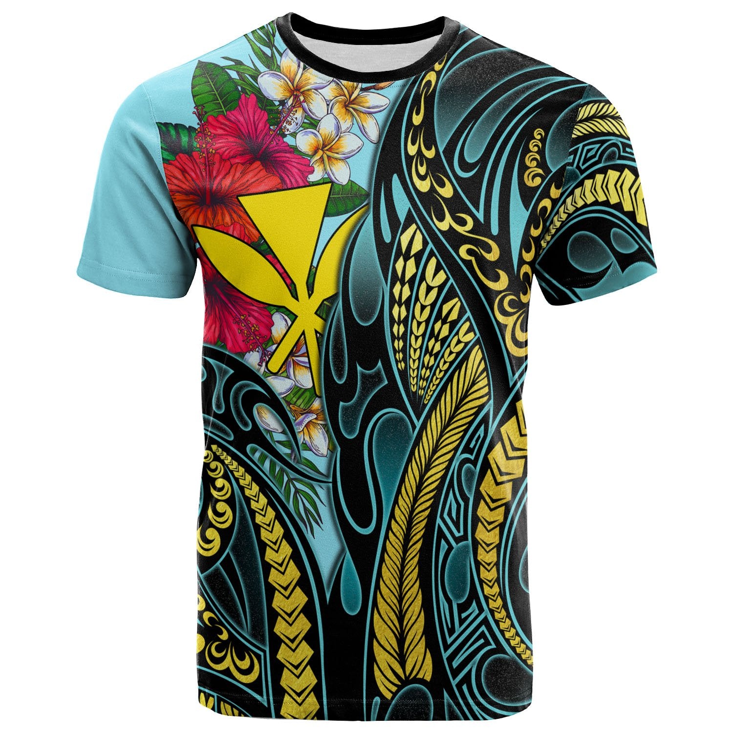 Hawaii T Shirt Turquoise Gold Tribal Pattern and Hibiscus Plumeria Unisex TURQUOISE - Polynesian Pride