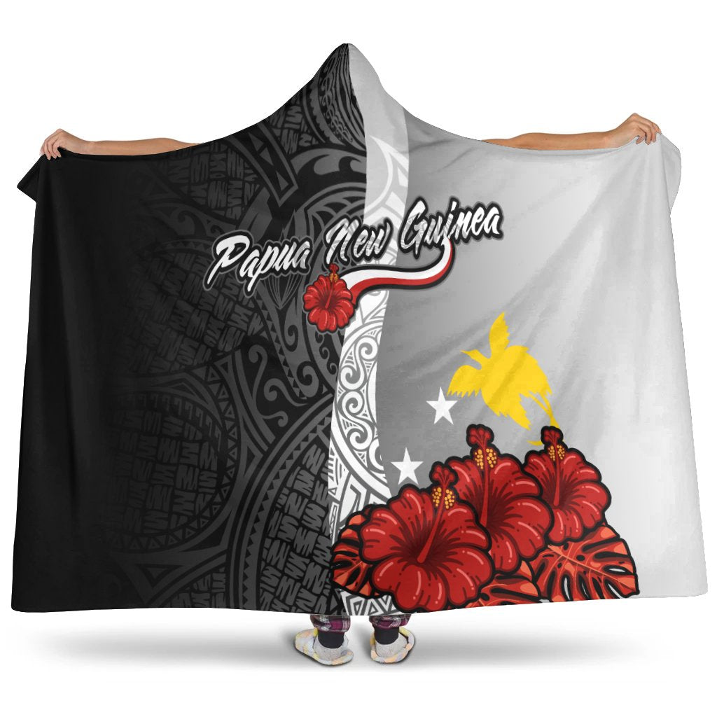 Papua New Guinea Polynesian Hooded Blanket - Coat Of Arm With Hibiscus White Hooded Blanket White - Polynesian Pride