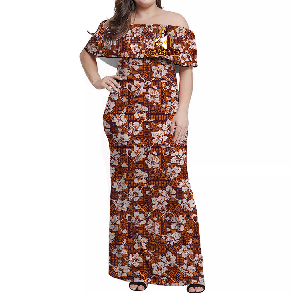 Castle High School Vintage Hibiscus Off Shoulder Dress Ver02 - LT12 Long Dress Orange - Polynesian Pride