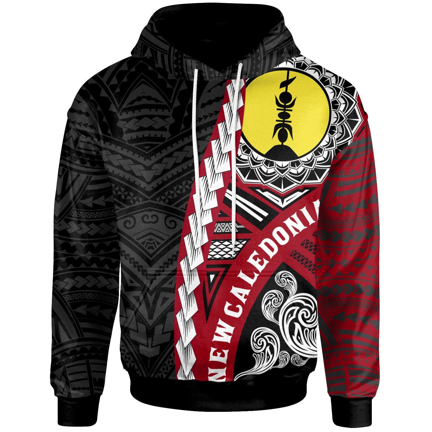 New Caledonia Polynesian Hoodie Wave Tattoo Unisex Red - Polynesian Pride