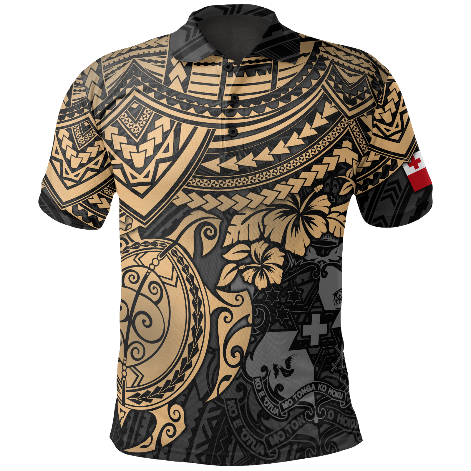 Tonga Polo Shirt Tongan Flag Coat Coat Of Arms Golden Turtle Hibiscus Unisex BLACK - Polynesian Pride
