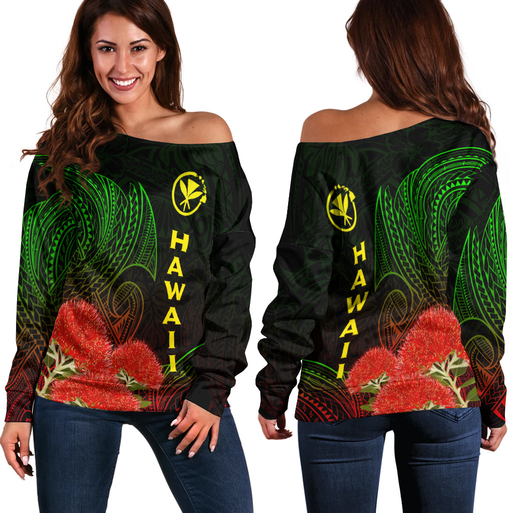 Hawaii Polynesian Women's Off Shoulder Sweater - Ohia Lehua - LT12 Black - Polynesian Pride