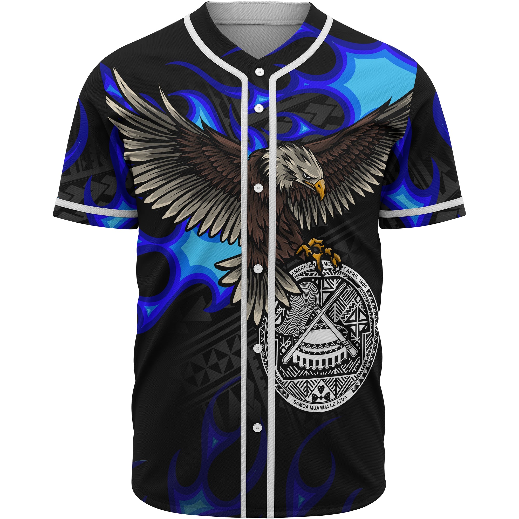 American Samoa Polynesian Custom Personalised Baseball Shirt - Eagle With Flame Blue Unisex Blue - Polynesian Pride