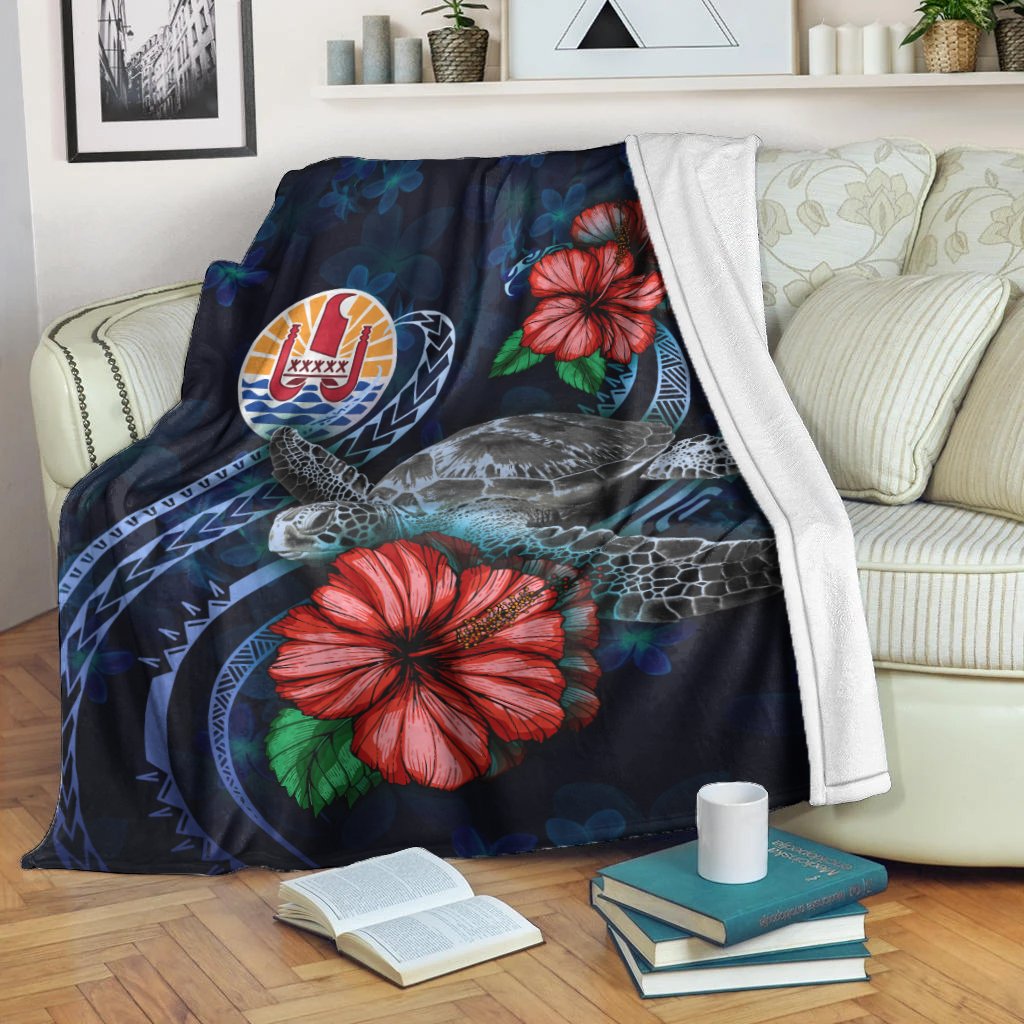 Tahiti Polynesian Premium Blanket - Blue Turtle Hibiscus White - Polynesian Pride