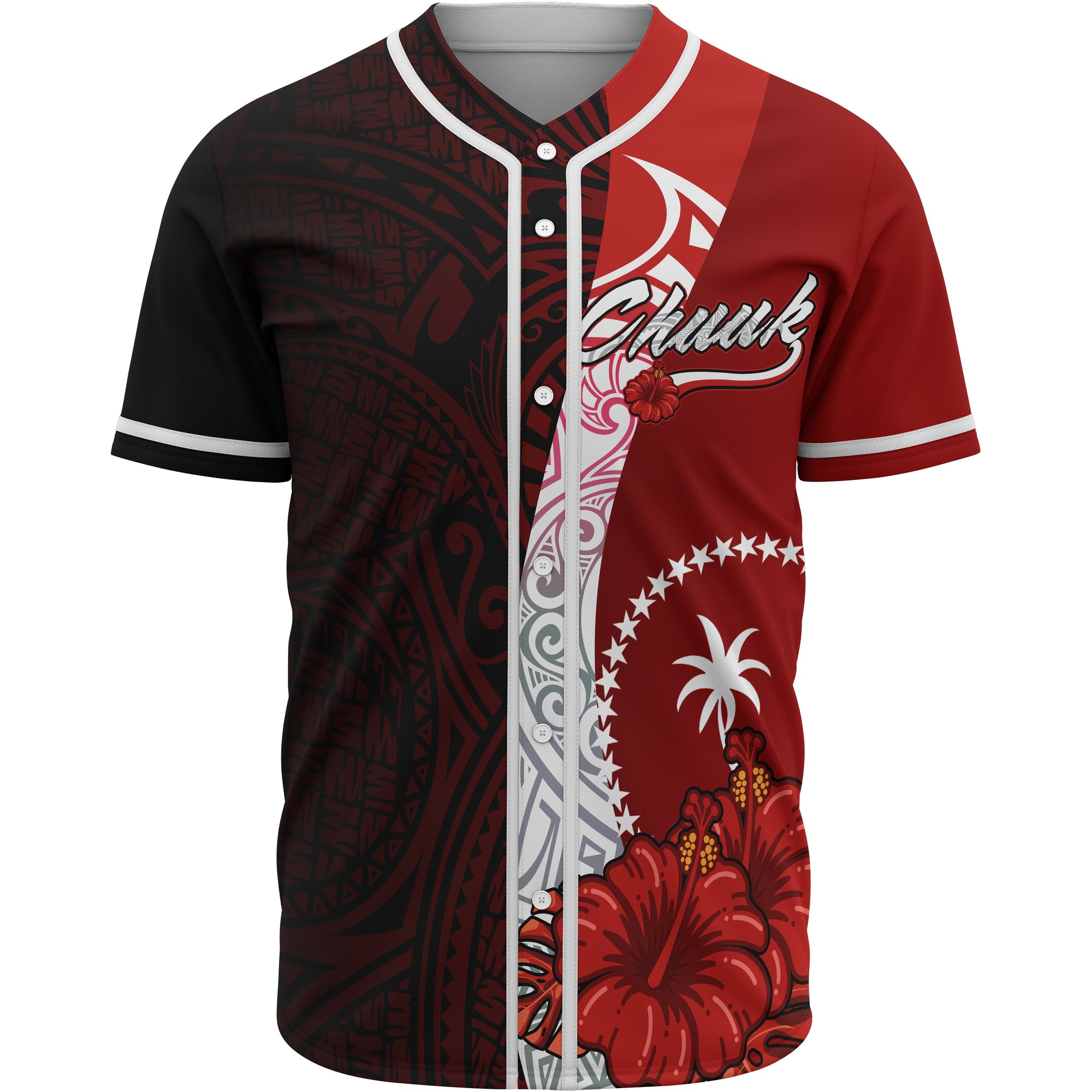 Chuuk Polynesian Baseball Shirt - Coat Of Arm With Hibiscus Unisex Red - Polynesian Pride