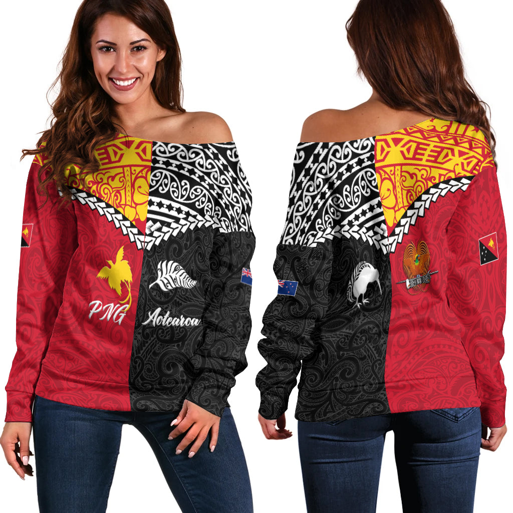 Papua New Guinea Combine New Zealand Maori Aotearoa Heritage Women Off Shoulder Sweater - LT12 Red - Polynesian Pride