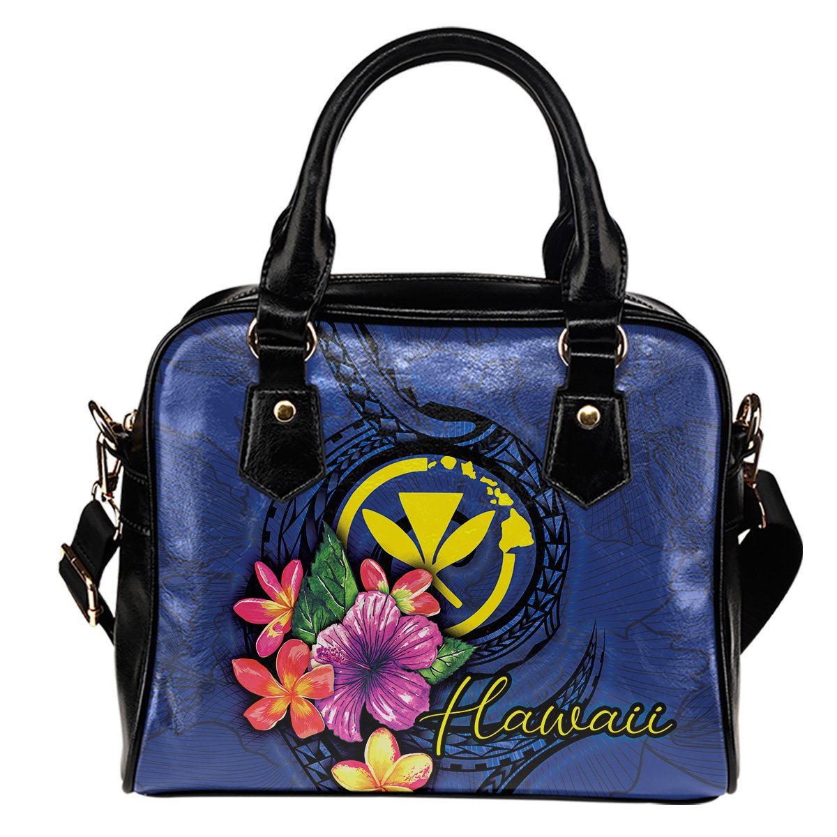 Hawaii Polynesian Shoulder Handbag - Floral With Seal Blue One Size Blue - Polynesian Pride