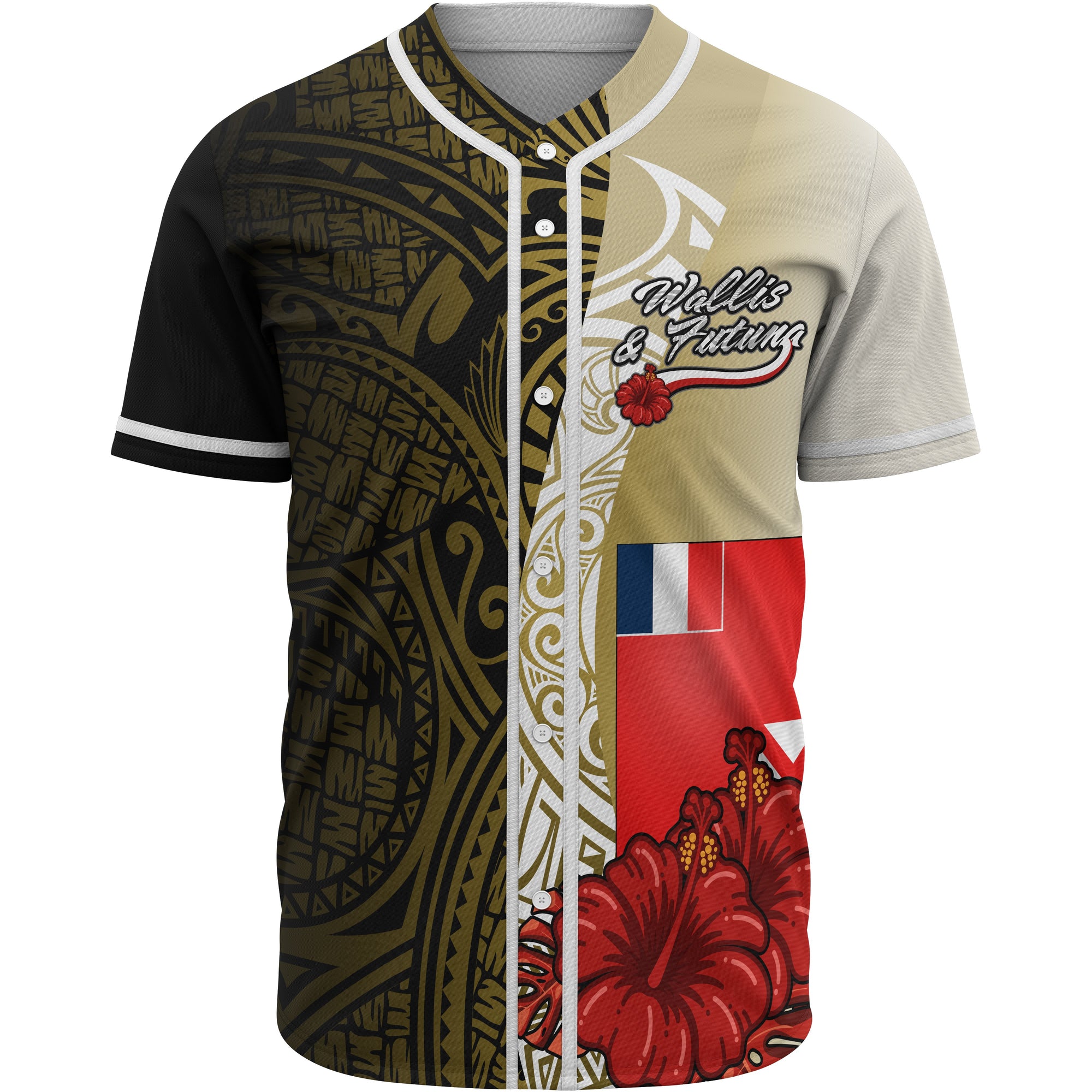 Wallis and Futuna Polynesian Baseball Shirt - Coat Of Arm With Hibiscus Gold Unisex Gold - Polynesian Pride