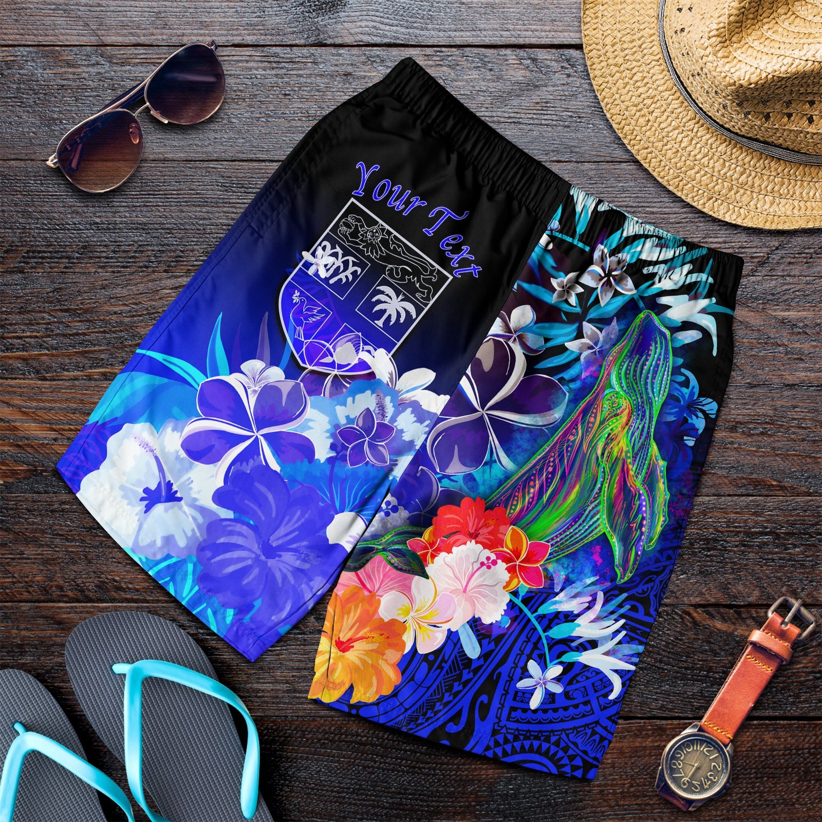 Fiji Custom Personalised Men's Shorts - Humpback Whale with Tropical Flowers (Blue) Blue - Polynesian Pride