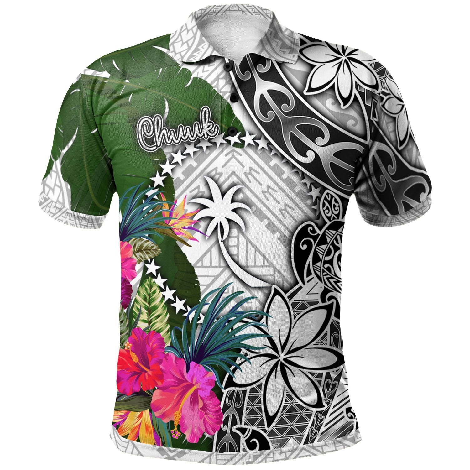 Chuuk Polo Shirt White Turtle Plumeria Banana Leaf Unisex White - Polynesian Pride