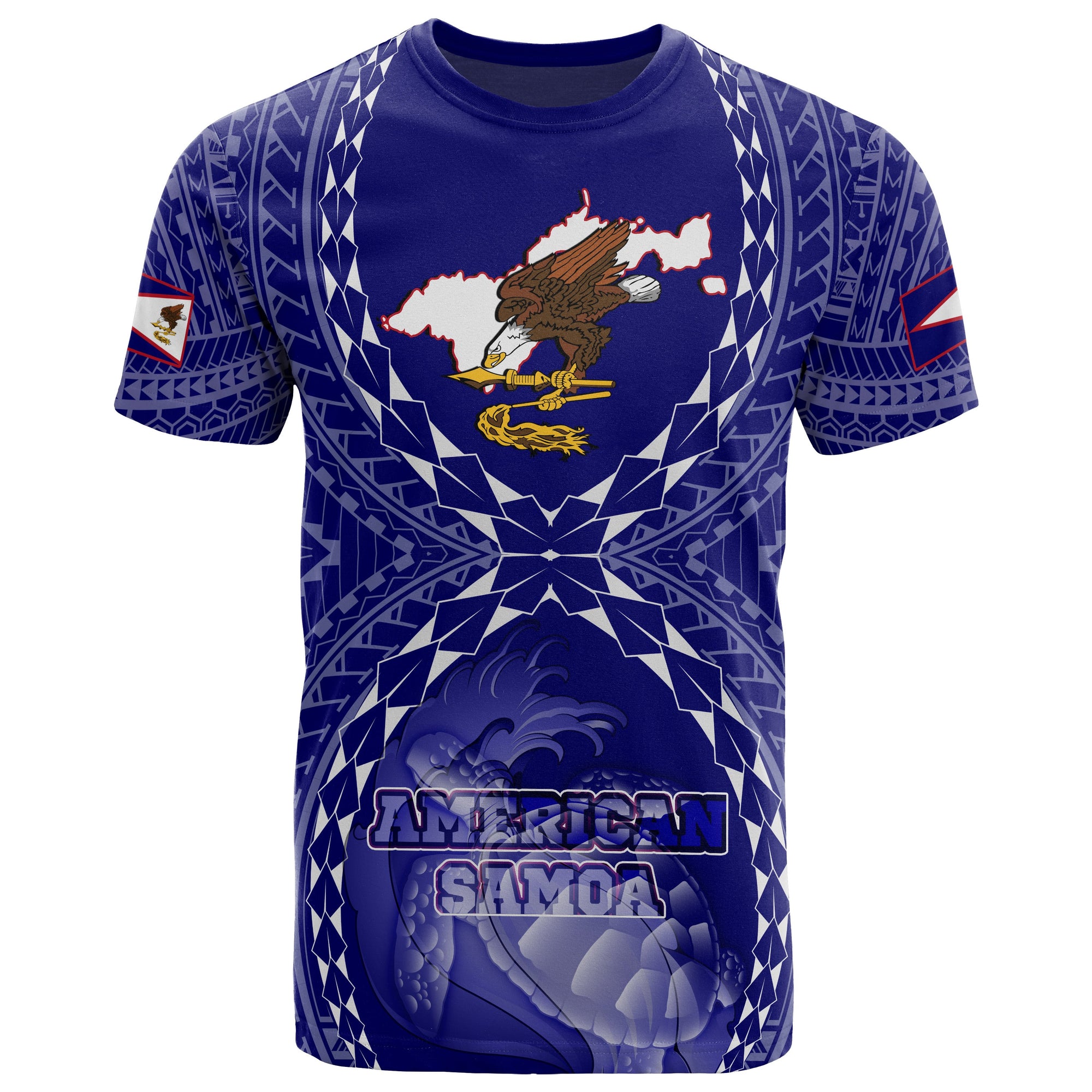 American Samoa Polynesian T Shirt American Samoa Flag with Polynesian Tattoo Unisex Blue - Polynesian Pride