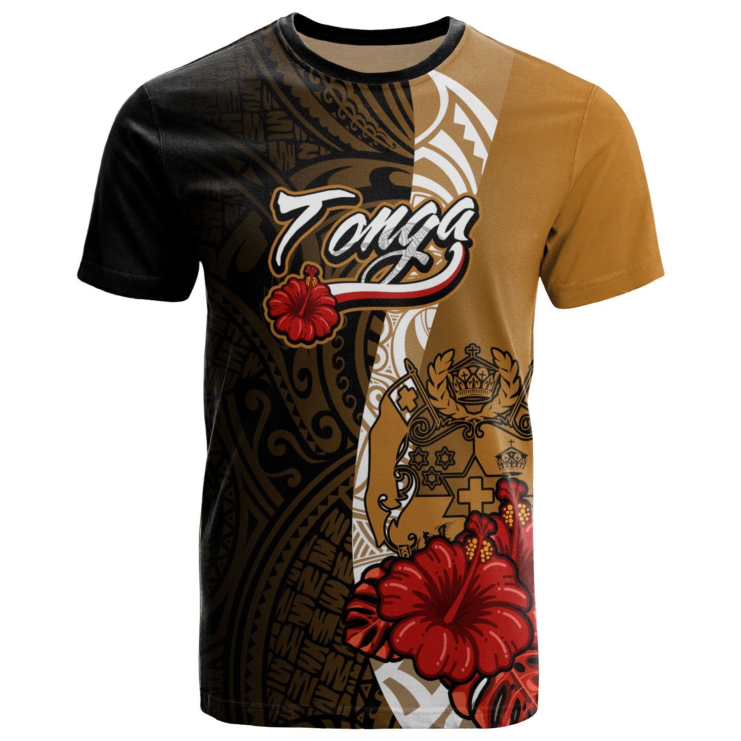 Tonga Polynesian T Shirt Coat of Arms With Hibiscus Gold Unisex Art - Polynesian Pride