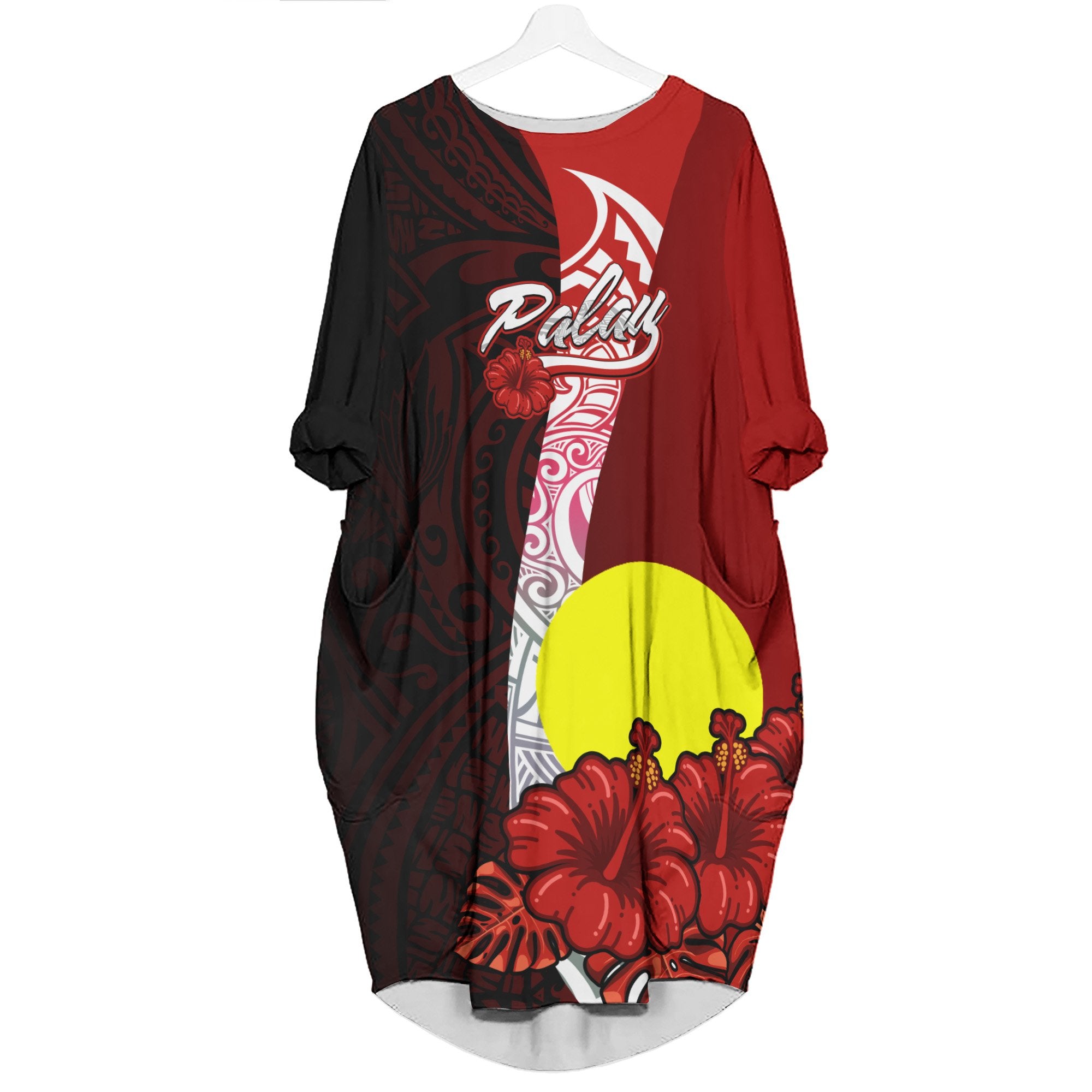 Palau Polynesian Batwing Pocket Dress - Hibiscus With Coat Of Arm Women Black - Polynesian Pride