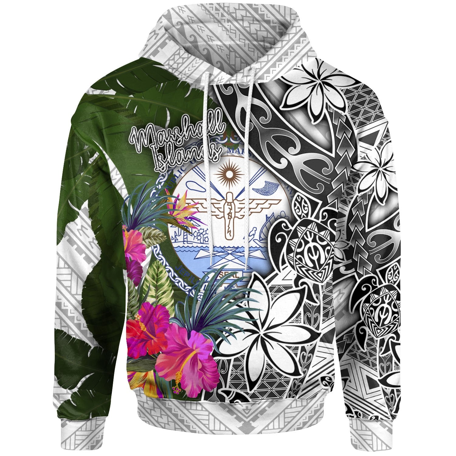 Marshall Islands Hoodie White Turtle Plumeria Banana Leaf Crest Unisex White - Polynesian Pride