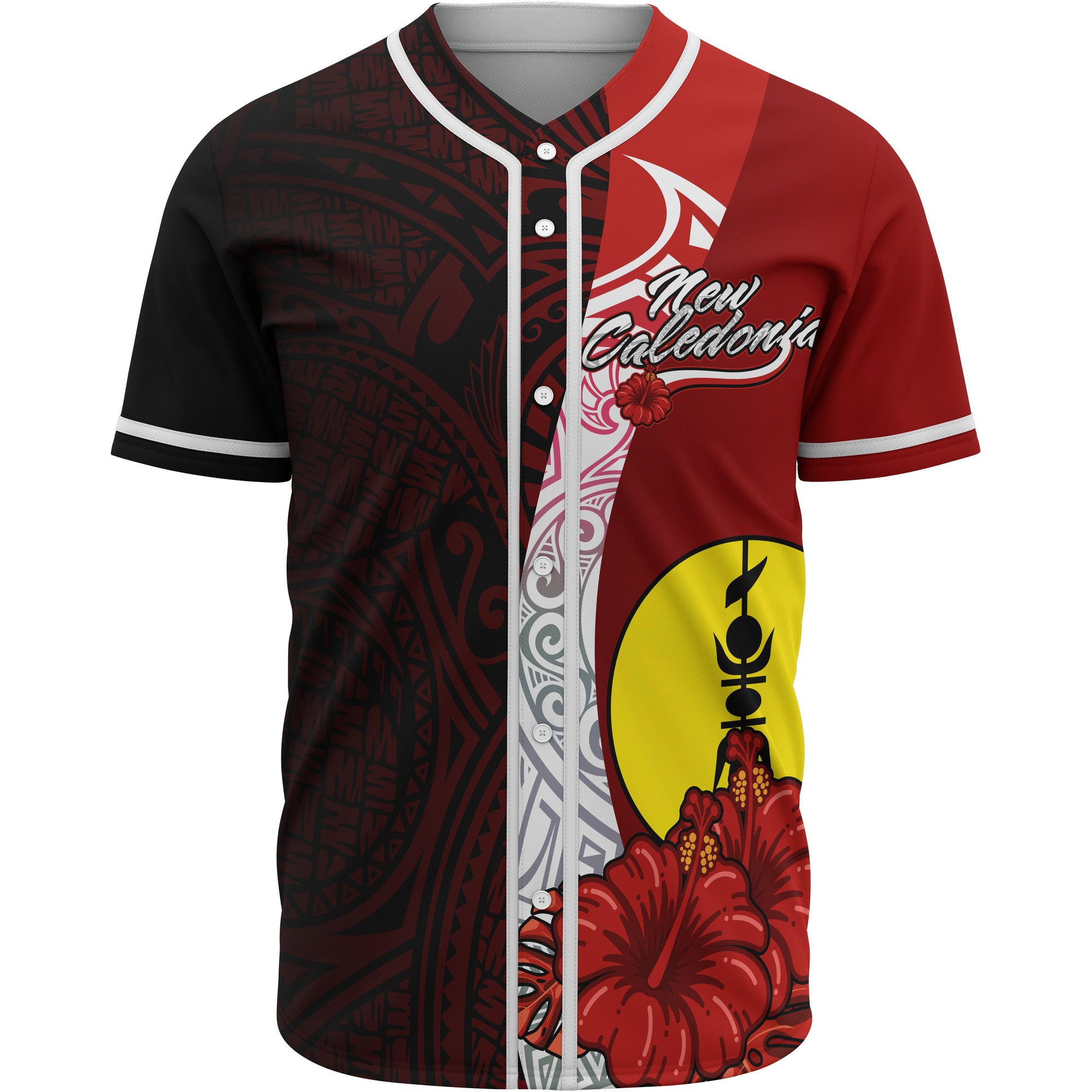 New Caledonia Polynesian Baseball Shirt - Coat Of Arm With Hibiscus Unisex Red - Polynesian Pride