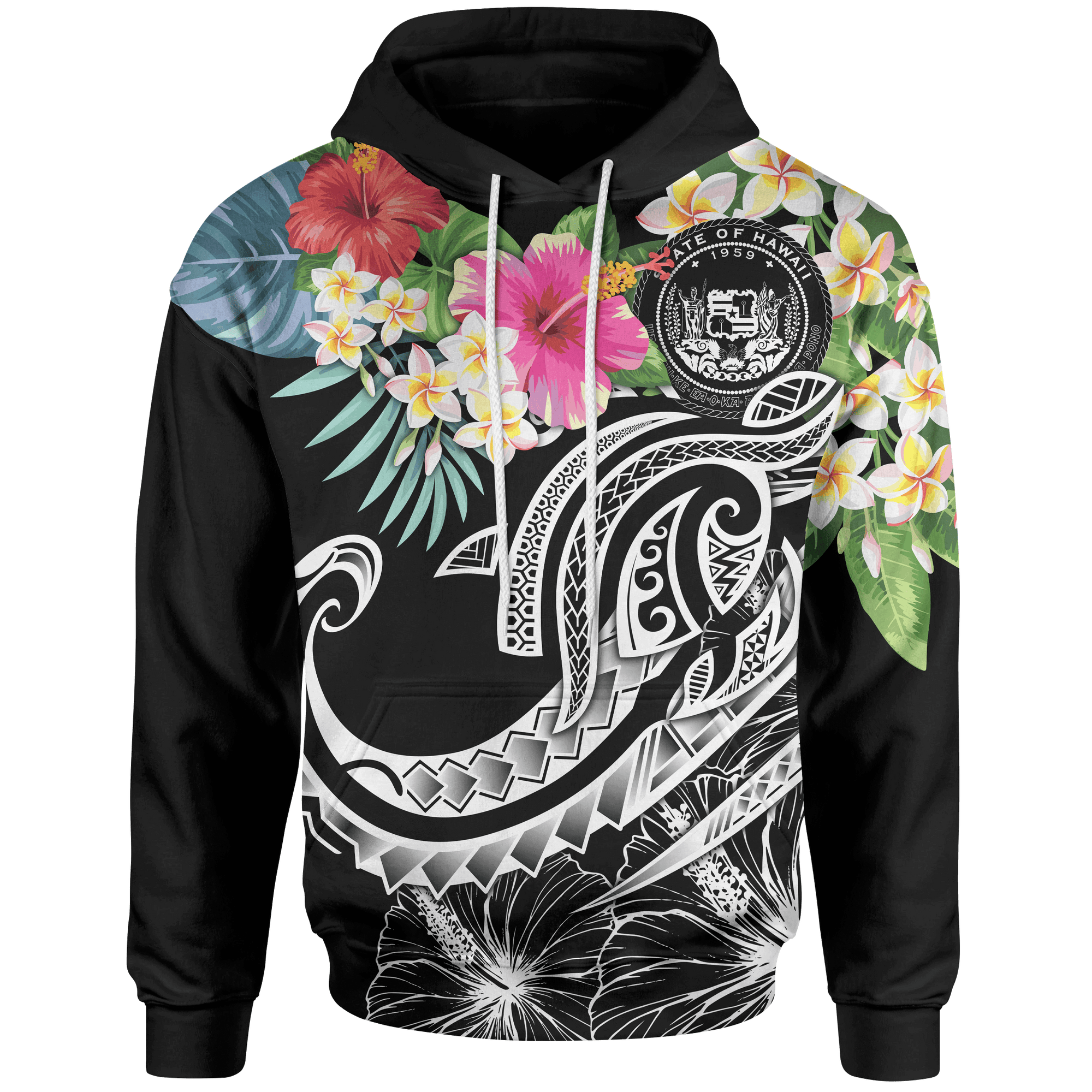 Polynesian Hawaii Hoodie Summer Plumeria (Black) Unisex Black - Polynesian Pride