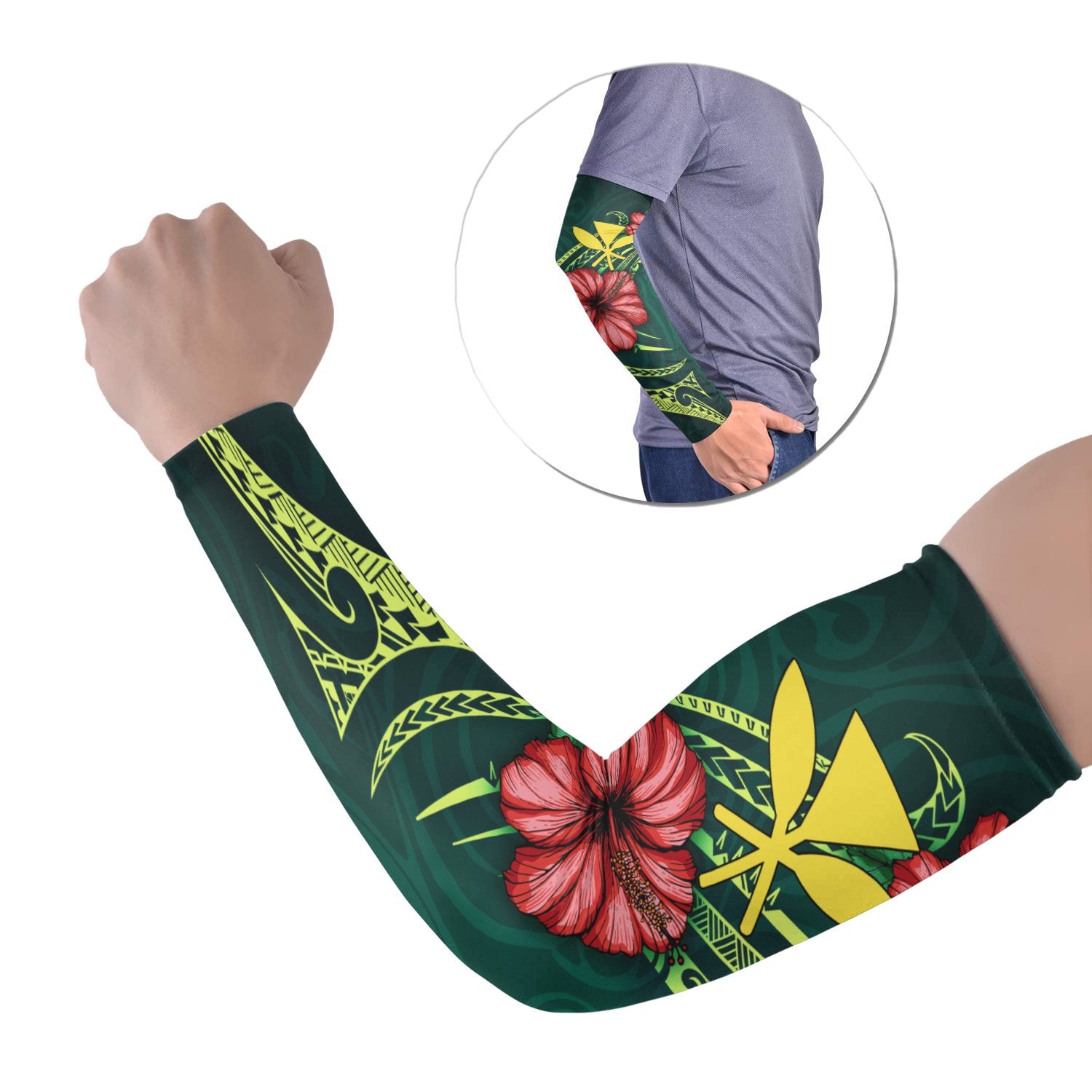 Polynesian Hawaii Arm Sleeve - Hibiscus With Seal Set of 2 Green - Polynesian Pride