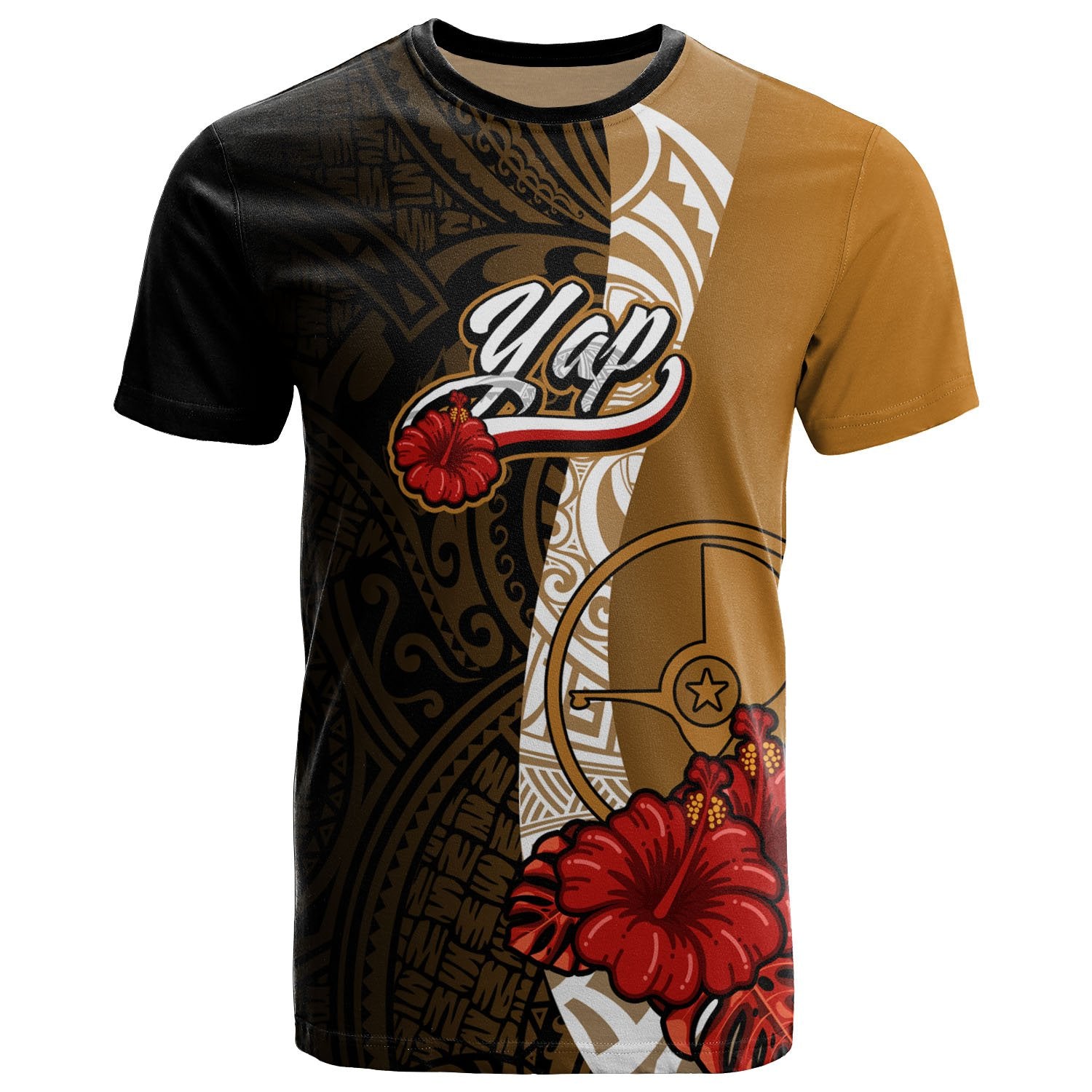 Yap Micronesia T Shirt Coat of Arms With Hibiscus Gold Unisex Art - Polynesian Pride