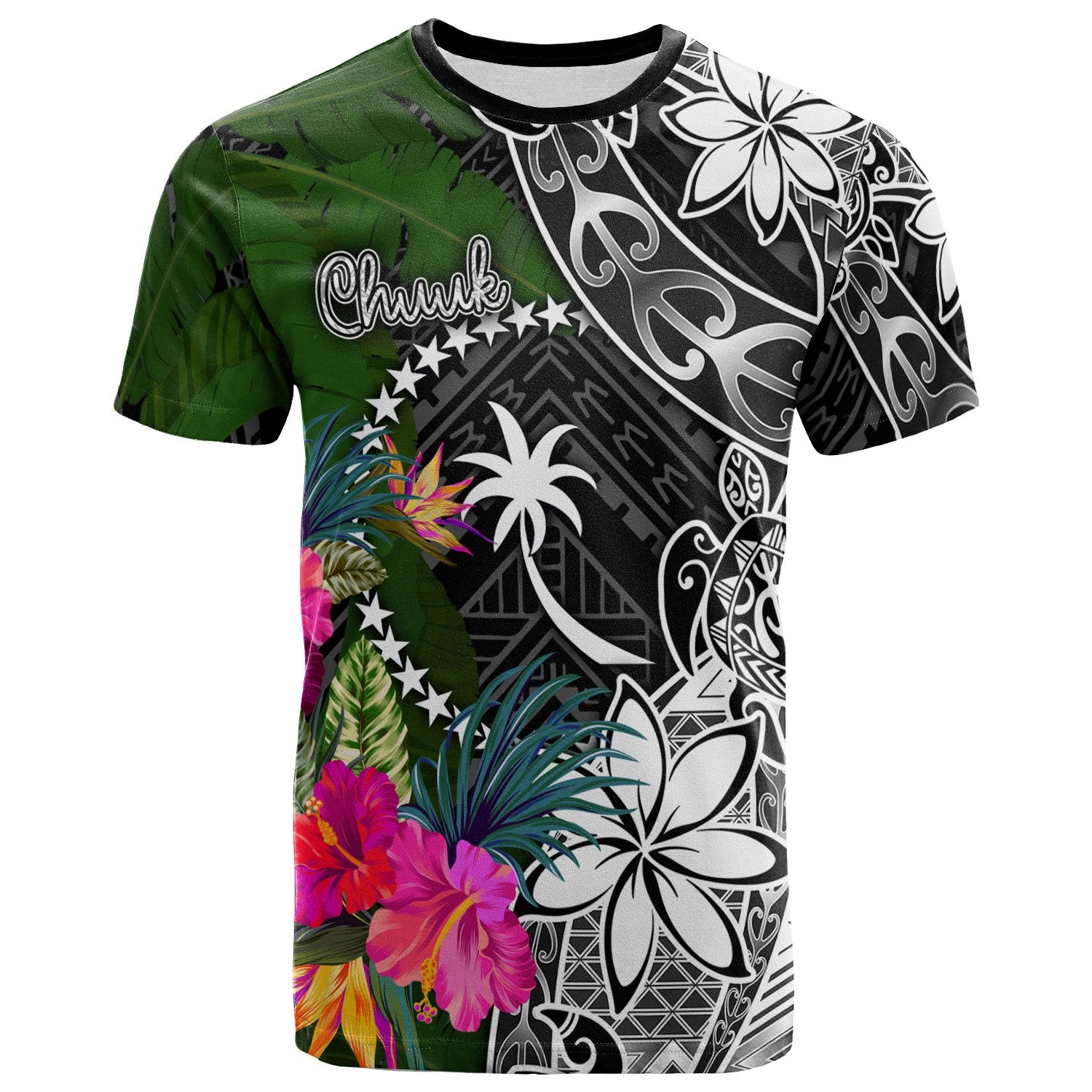 Chuuk T Shirt Turtle Plumeria Banana Leaf Unisex Black - Polynesian Pride