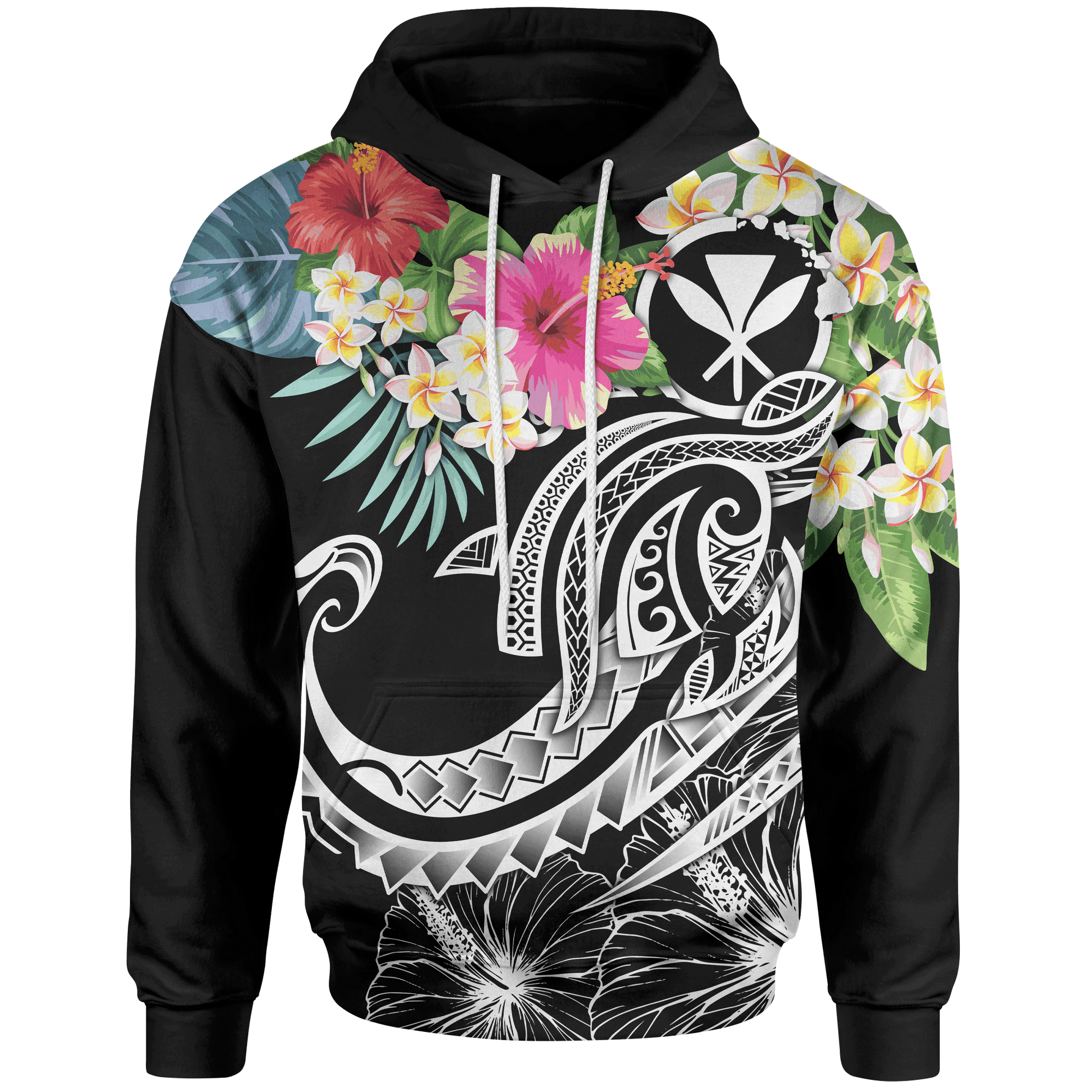 Polynesian Hawaii Kanaka Maoli Hoodie Summer Plumeria (Black) Unisex Black - Polynesian Pride