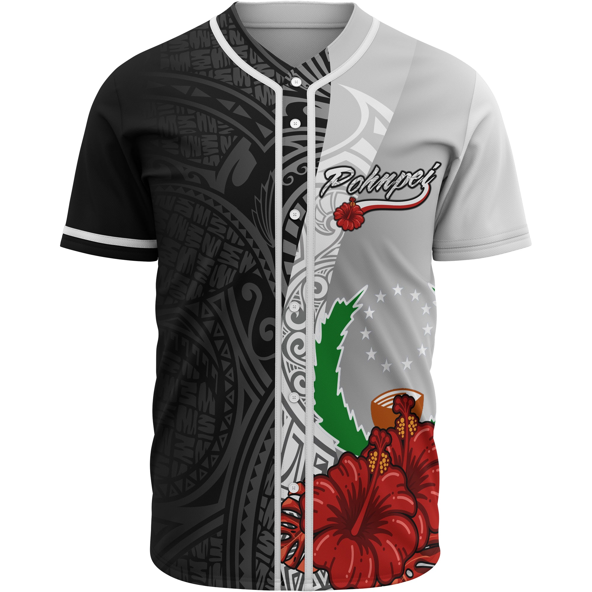 Pohnpei Polynesian Baseball Shirt - Coat Of Arm With Hibiscus White Unisex White - Polynesian Pride