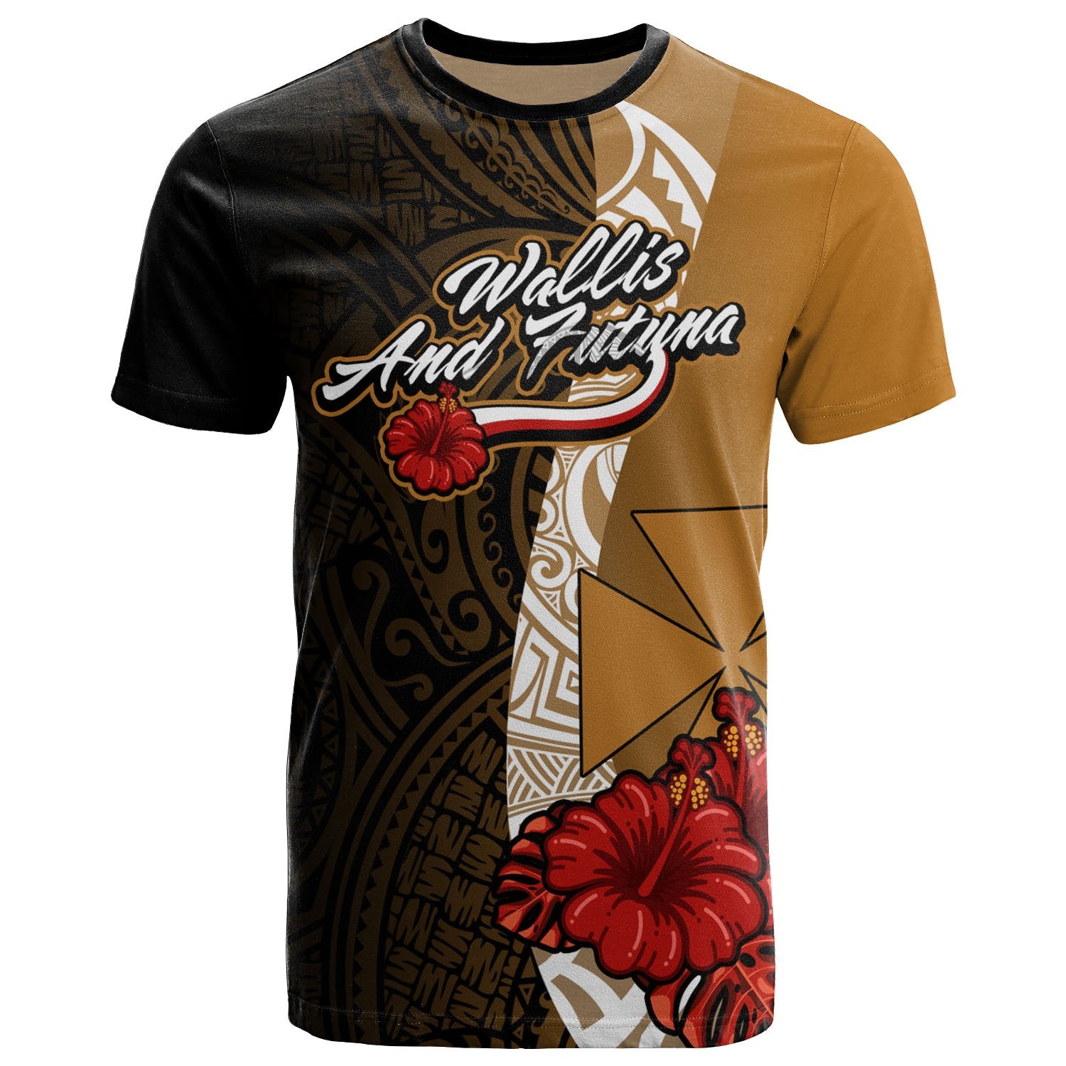 Wallis and Futuna Polynesian T Shirt Coat of Arms With Hibiscus Gold Unisex Art - Polynesian Pride