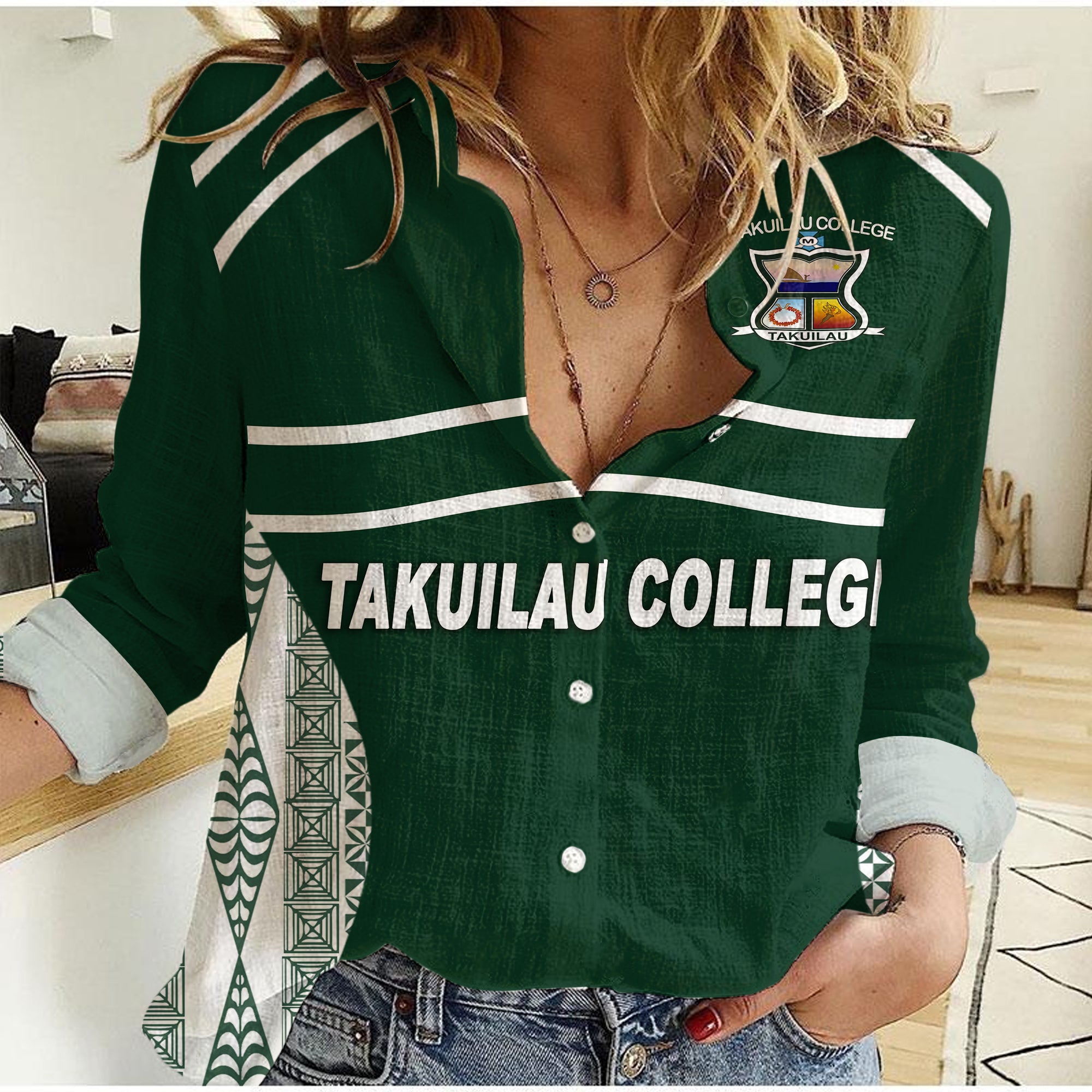 Takuilau College Tongan Patterns Women Casual Shirt - LT12 Female Green - Polynesian Pride