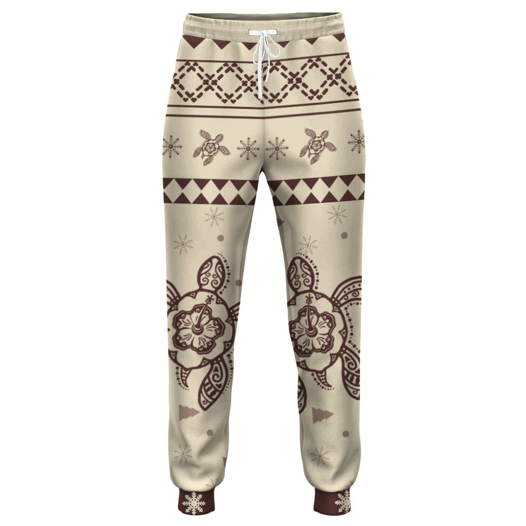 Hawaii Christmas Turtle Pattern Joggers - Keep Style - AH Unisex Beige - Polynesian Pride