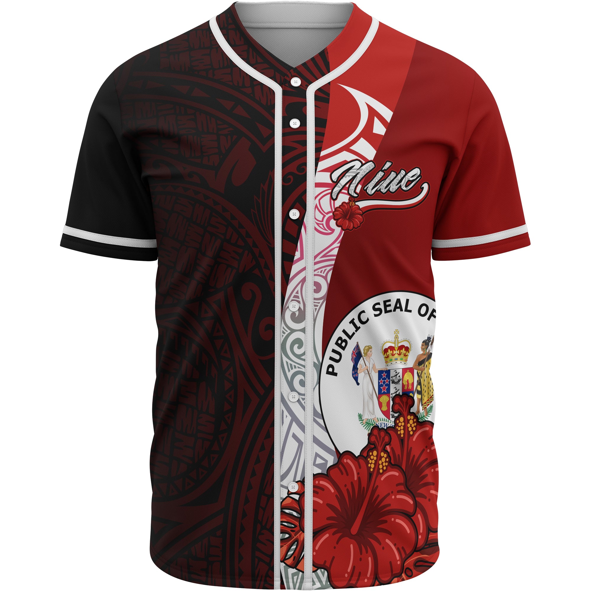 Niue Polynesian Baseball Shirt - Coat Of Arm With Hibiscus Unisex Red - Polynesian Pride