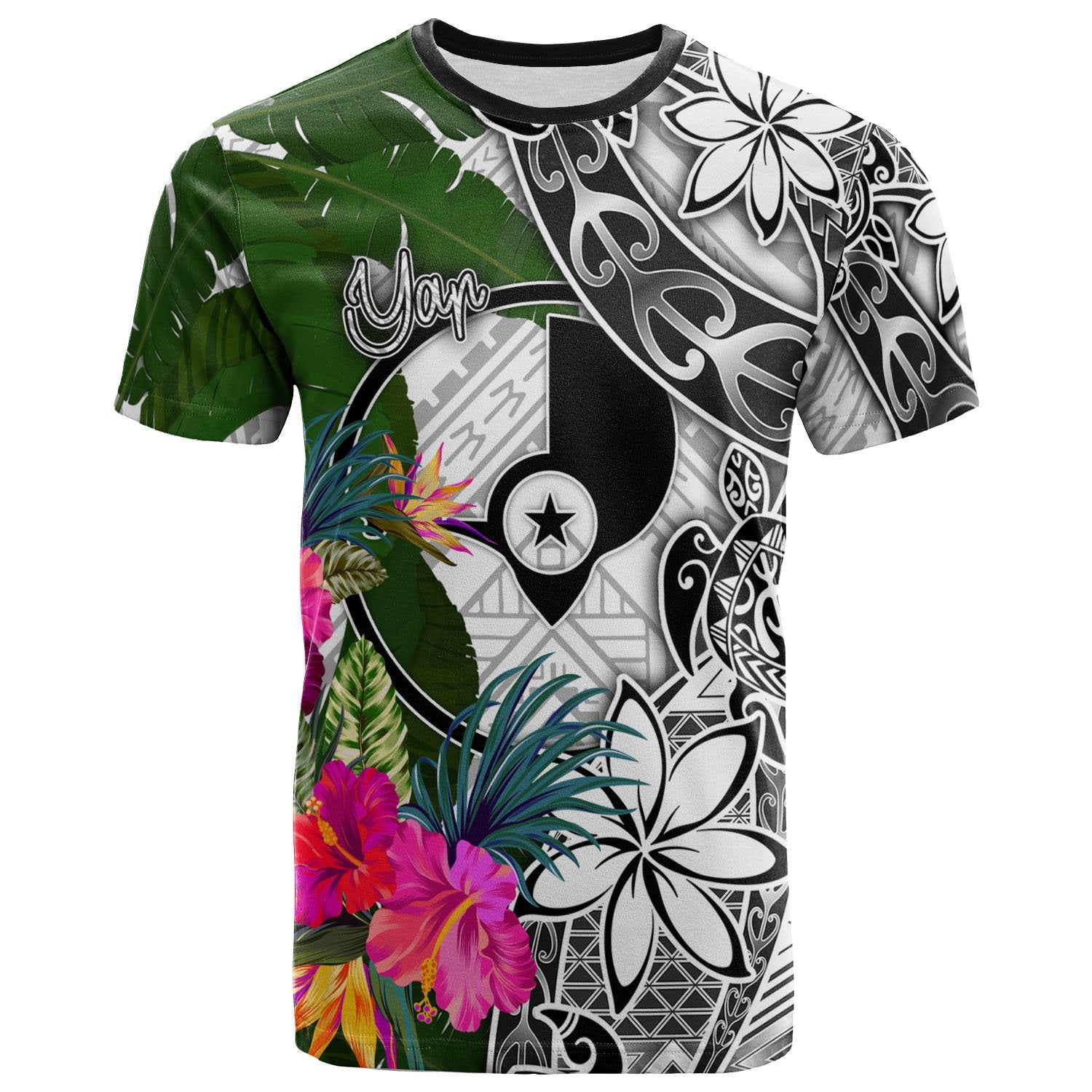 Yap T Shirt White Turtle Plumeria Banana Leaf Unisex Art - Polynesian Pride