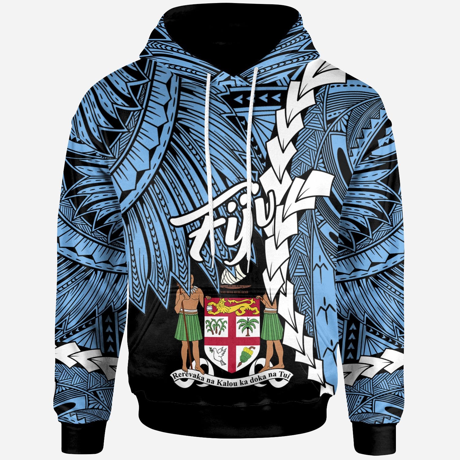 Fiji Polynesian Hoodie Tribal Wave Tattoo Flag Style Unisex Blue - Polynesian Pride