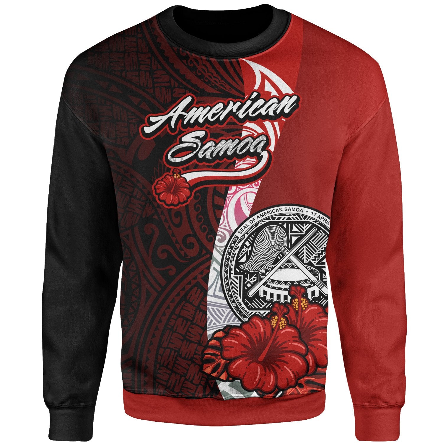 American Samoa Polynesian Sweater - Coat Of Arm With Hibiscus Unisex Red - Polynesian Pride