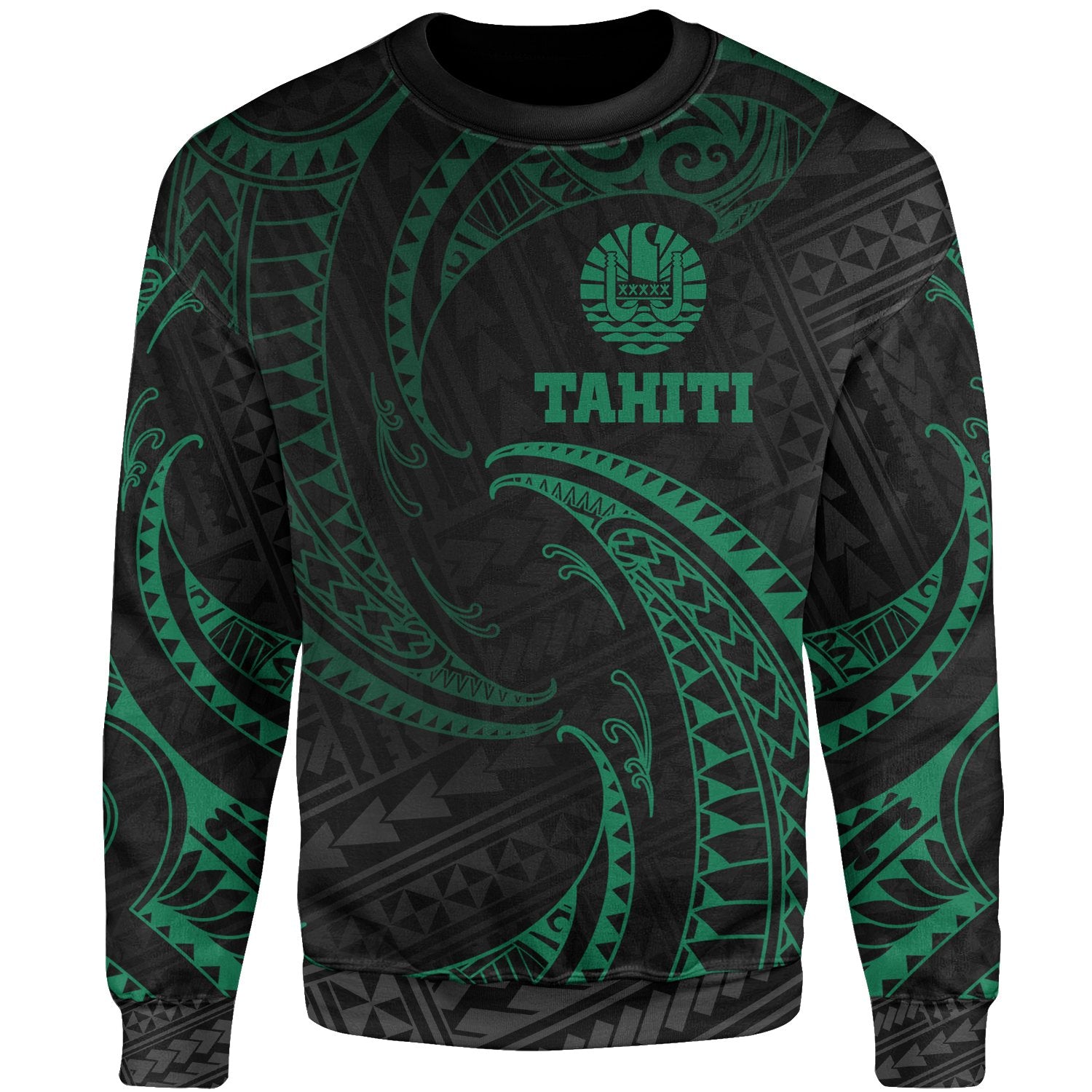 Tahiti Polynesian Sweater - Green Tribal Wave Unisex Green - Polynesian Pride