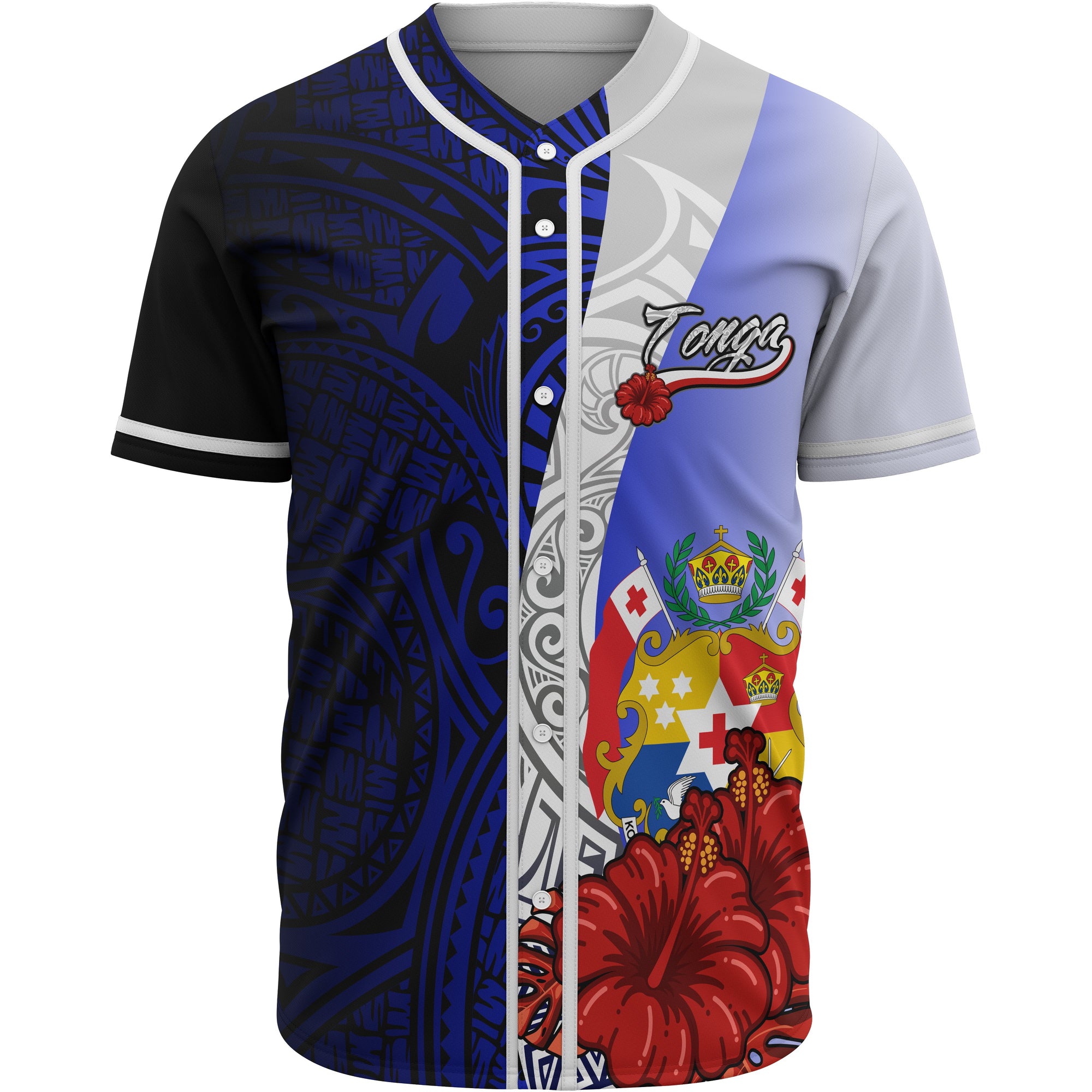 Tonga Polynesian Baseball Shirt - Coat Of Arm With Hibiscus Blue Unisex Blue - Polynesian Pride