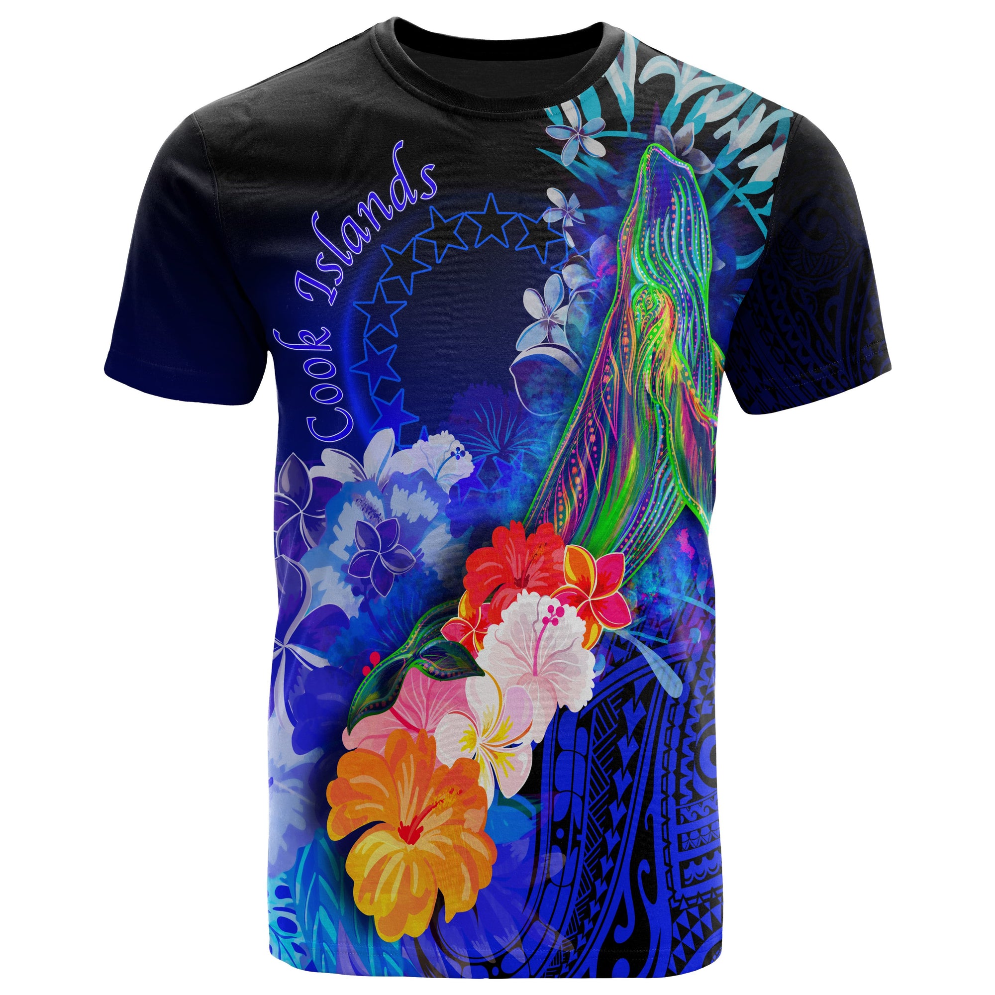 Cook Islands T Shirt Humpback Whale with Tropical Flowers (Blue) Unisex Blue - Polynesian Pride