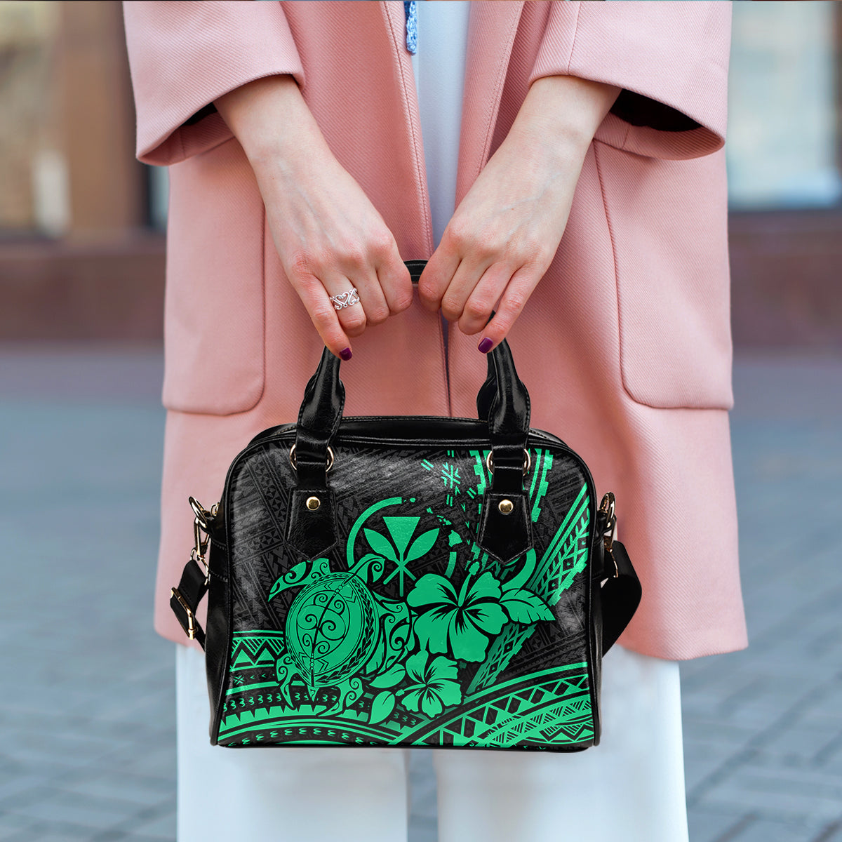 Hawaii Turtle With Hibiscus Tribal Green Shoulder Handbag - LT12 - Polynesian Pride