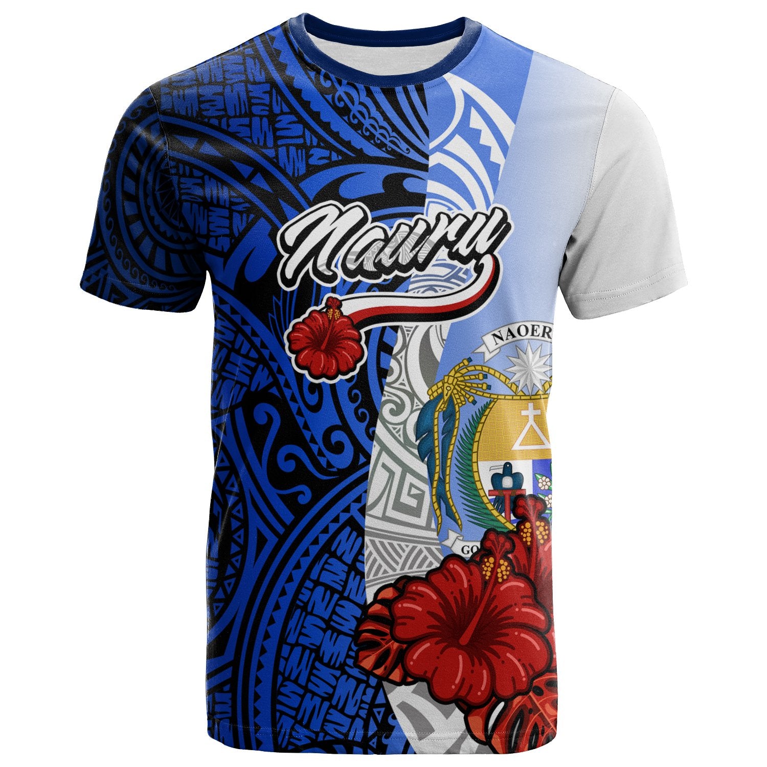 Nauru Polynesian T shirt Coat Of Arm With Hibiscus Blue Unisex Blue - Polynesian Pride