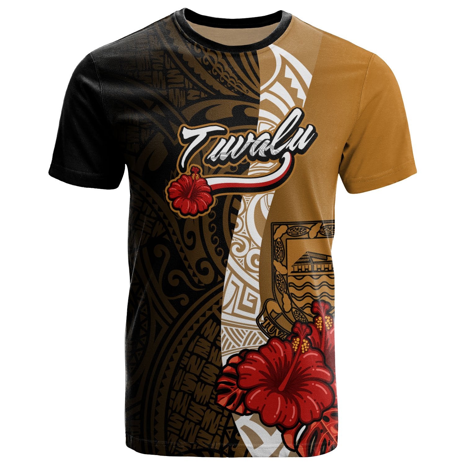 Tuvalu Polynesian T Shirt Coat of Arms With Hibiscus Gold Unisex Art - Polynesian Pride